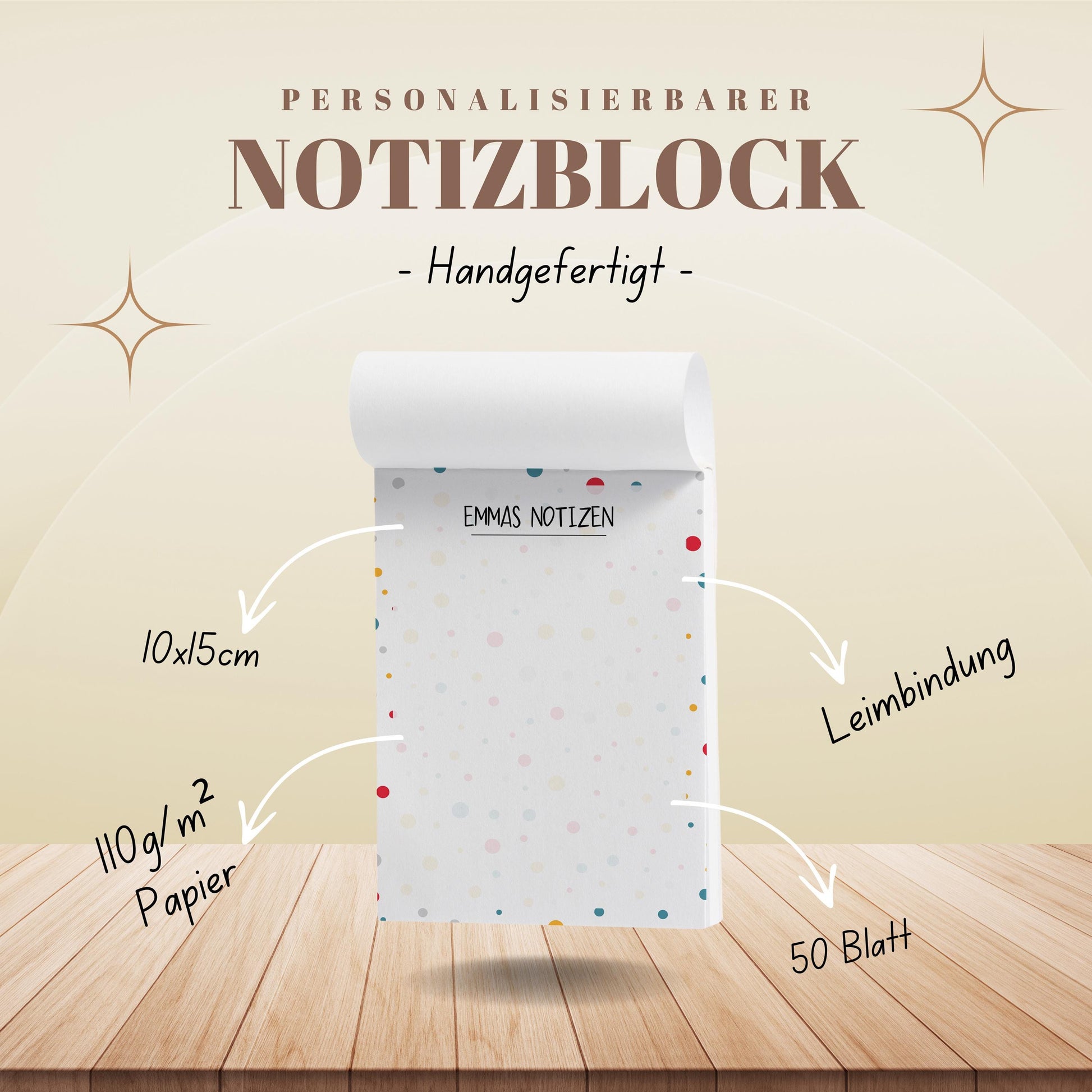 Notizblock Punkte Design, 10x15 cm, 50 Blatt mit Leimbindung, personalisierbar mit Namen, Handmade