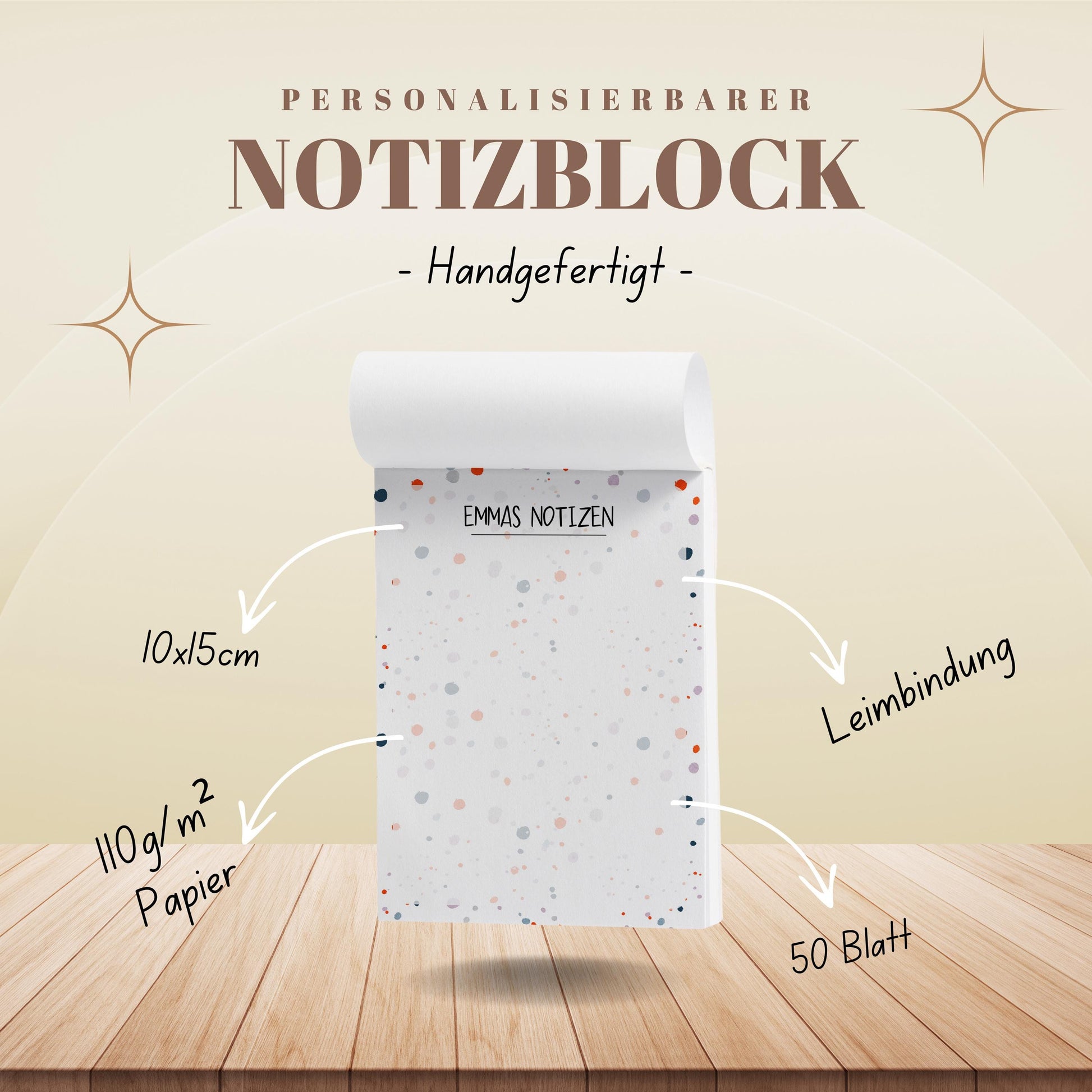 Notizblock Kleckse Design, 10x15 cm, 50 Blatt mit Leimbindung, personalisierbar mit Namen, Handmade, Geschenk Zeichner