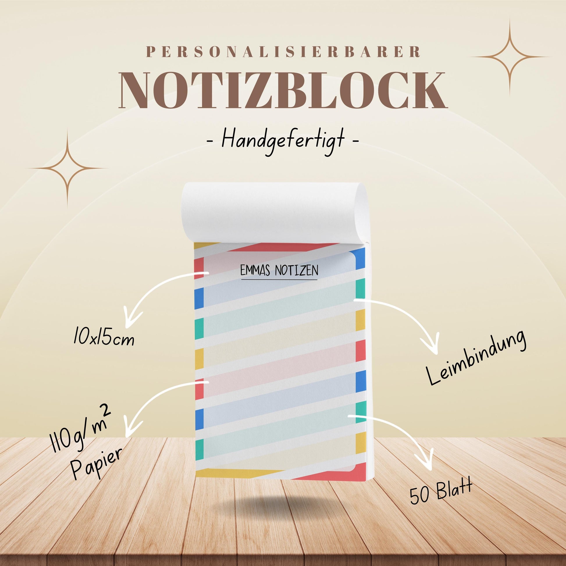 Notizblock Streifen Design, 10x15 cm, 50 Blatt mit Leimbindung, personalisierbar mit Namen, Handmade