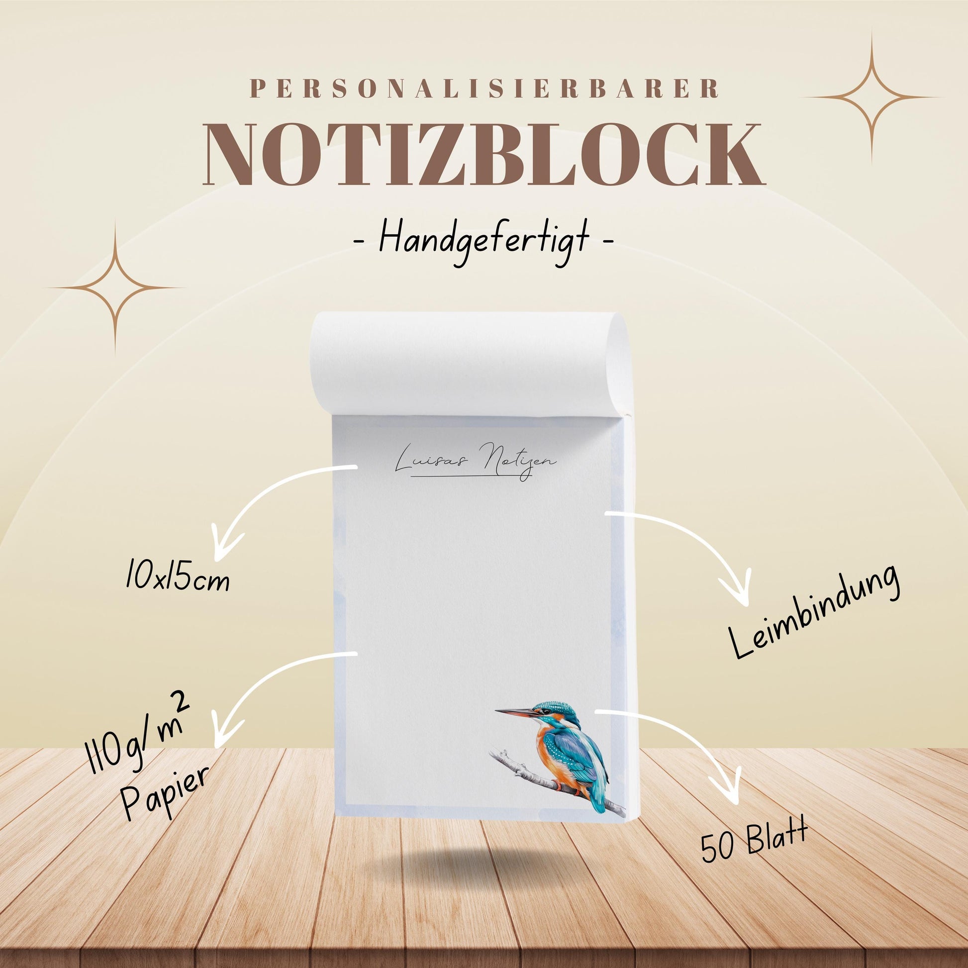 Notizblock Eisvogel Design, 10x15 cm, 50 Blatt mit Leimbindung, personalisierbar mit Namen, Handmade, Geschenk Ornithologe