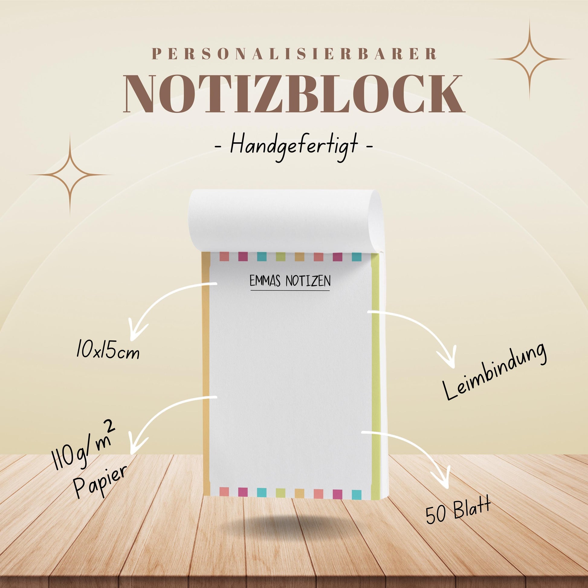 Notizblock Streifen Design, 10x15 cm, 50 Blatt mit Leimbindung, personalisierbar mit Namen, Handmade