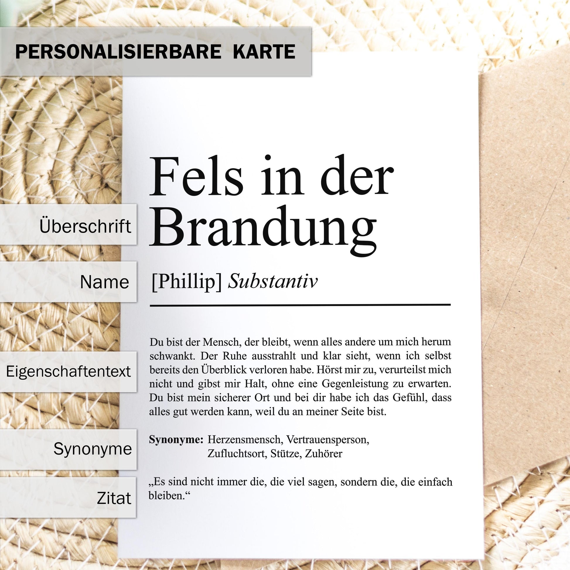 Fels in der Brandung Definition A6 Karte, personalisierbar mit Namen, Umschlag, Kartenhalter aus Echtholz