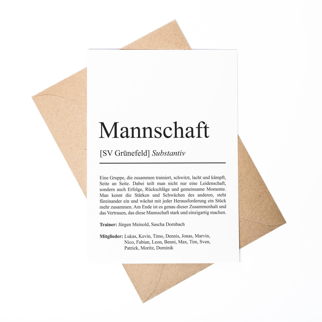 Mannschaft Definition A6 Karte, personalisierbar mit Namen + Verein, Umschlag, Kartenhalter aus Echtholz, Geschenk Trainer