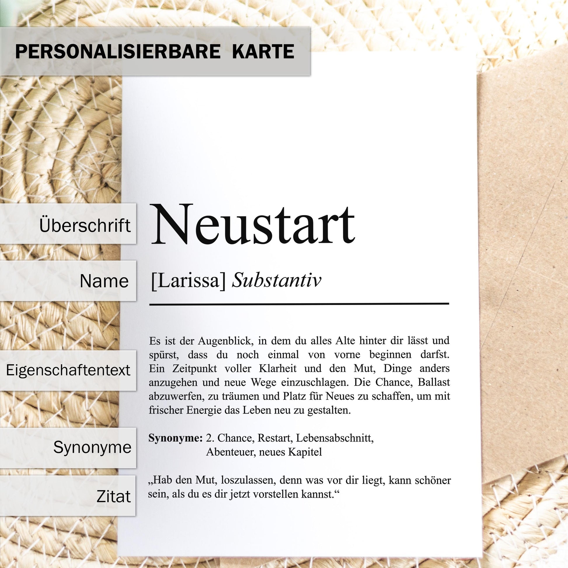 Neustart Definition Karte, A6, personaliserbar mit Namen, Mutmacher Karte, Affirmation Karte, Umschlag, Kartenhalter aus Echtholz