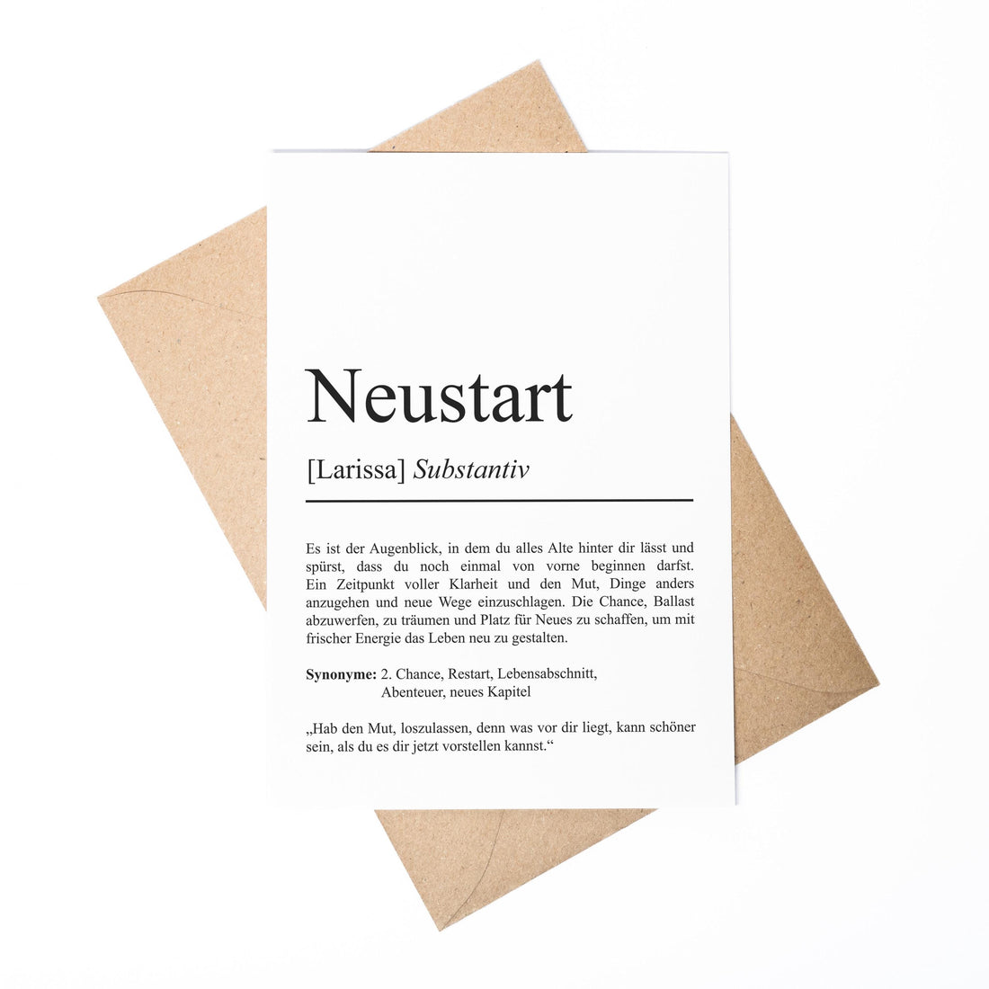 Neustart Definition Karte, A6, personaliserbar mit Namen, Mutmacher Karte, Affirmation Karte, Umschlag, Kartenhalter aus Echtholz