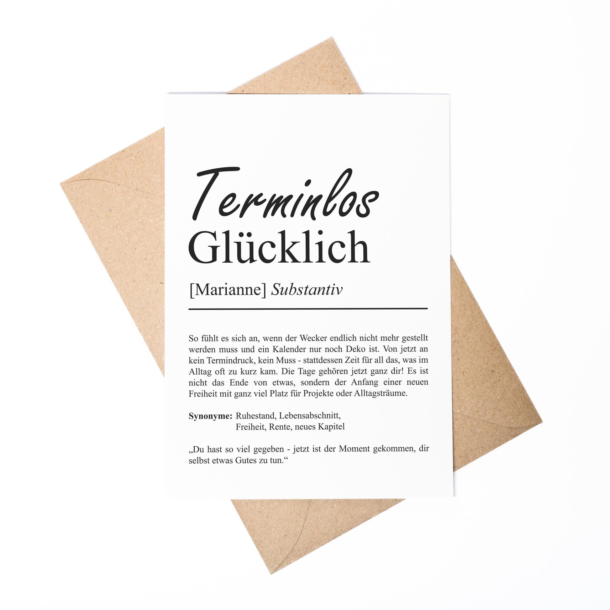 Terminlos Glücklich Definition Karte, A6, personalisierbar mit Namen, Ruhestand Rente Pension, Abschiedgeschenk, Umschlag Kartenhalter