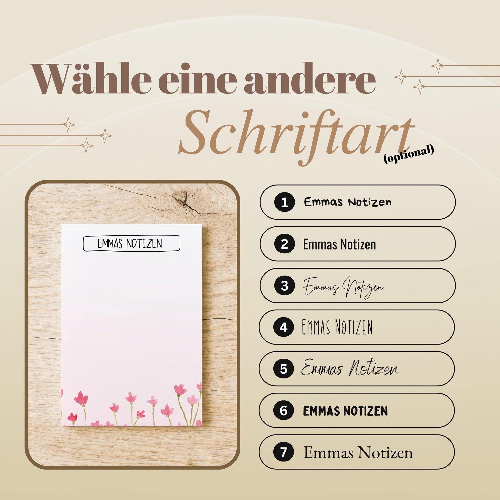 Notizblock Blumen Wiese Design, 10x15 cm, 50 Blatt mit Leimbindung, personalisierbar mit Namen, Handmade