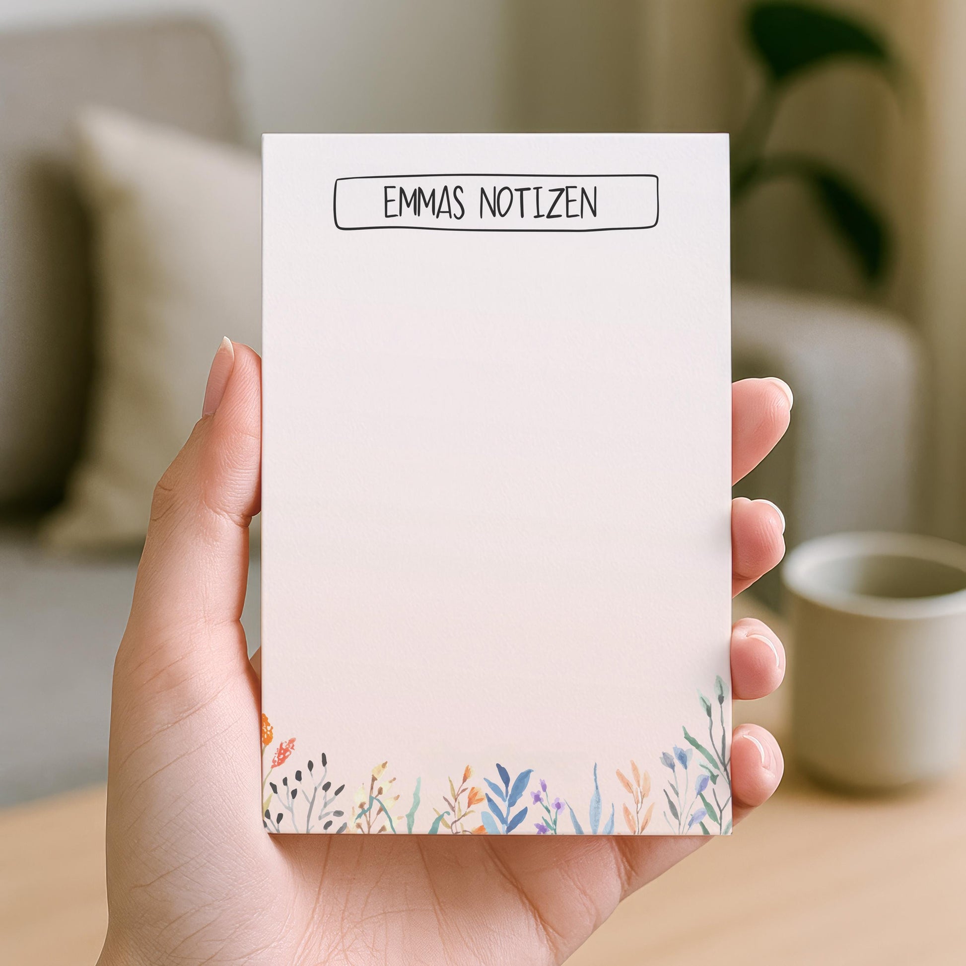 Notizblock Blumen Wiese Design, 10x15 cm, 50 Blatt mit Leimbindung, personalisierbar mit Namen, Handmade