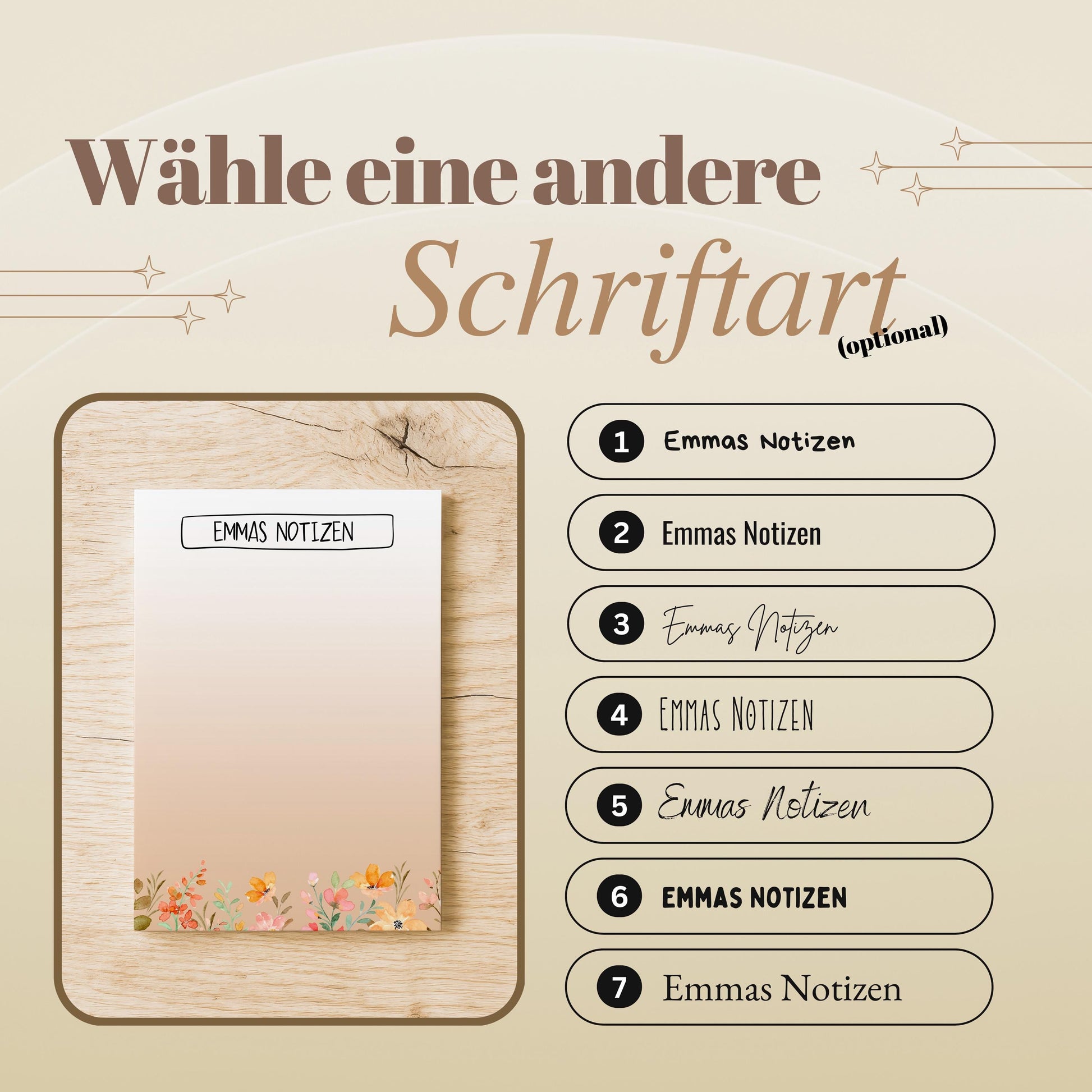 Notizblock Blumen Wiese Design, 10x15 cm, 50 Blatt mit Leimbindung, personalisierbar mit Namen, Handmade