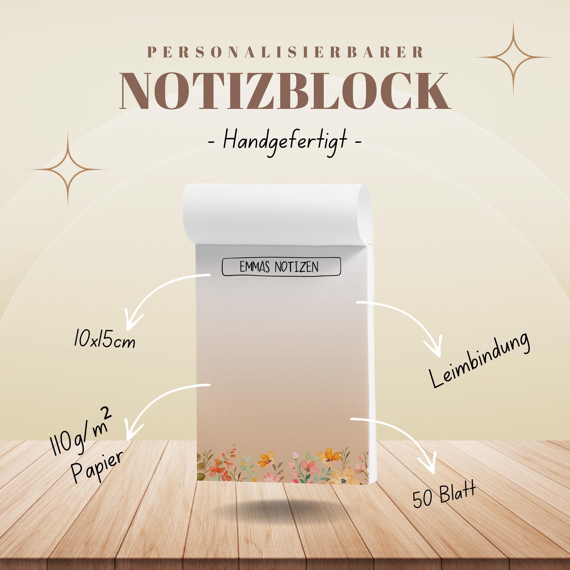 Notizblock Blumen Wiese Design, 10x15 cm, 50 Blatt mit Leimbindung, personalisierbar mit Namen, Handmade