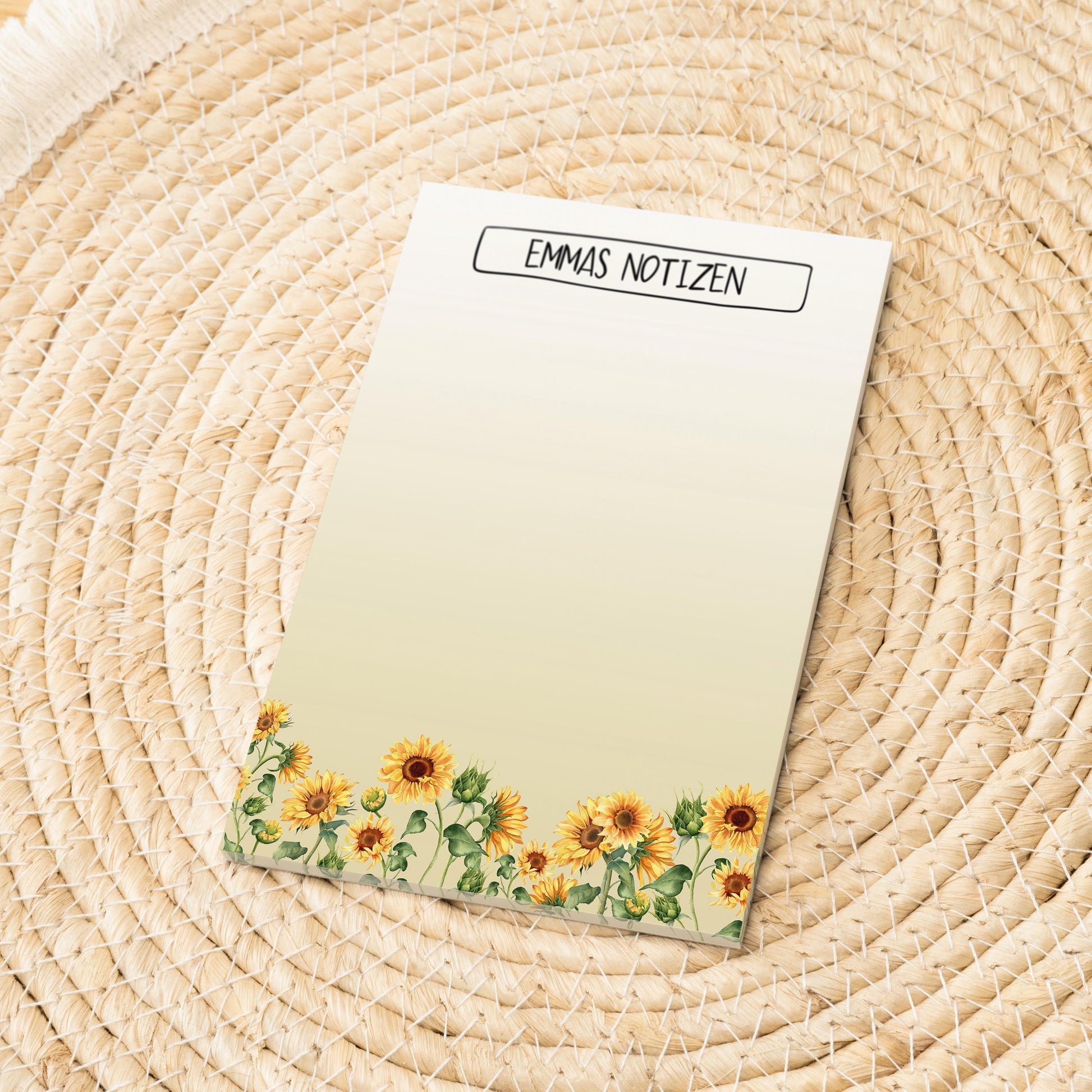 Notizblock Sonnenblumen Design, 10x15 cm, 50 Blatt mit Leimbindung, personalisierbar mit Namen, Handmade