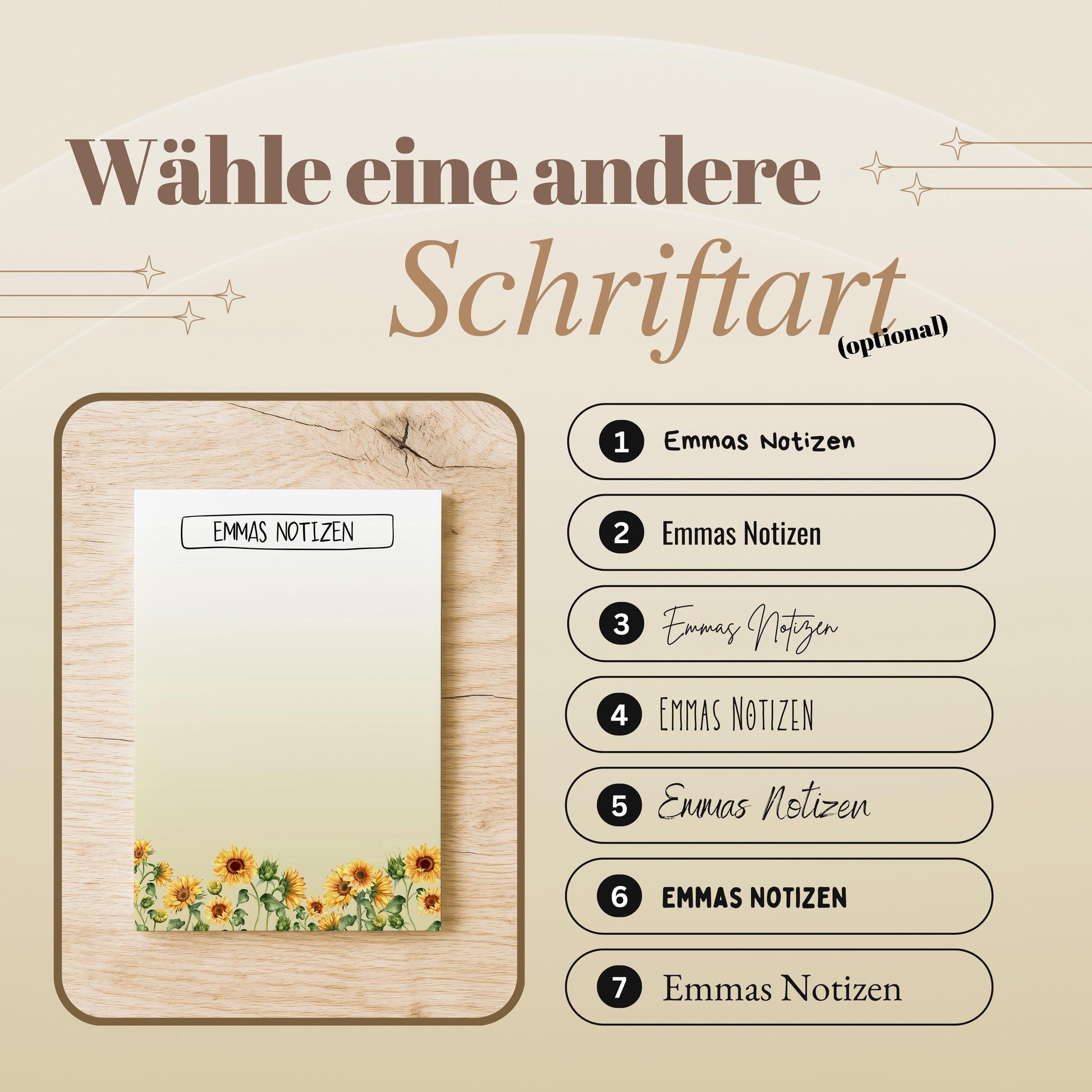 Notizblock Sonnenblumen Design, 10x15 cm, 50 Blatt mit Leimbindung, personalisierbar mit Namen, Handmade