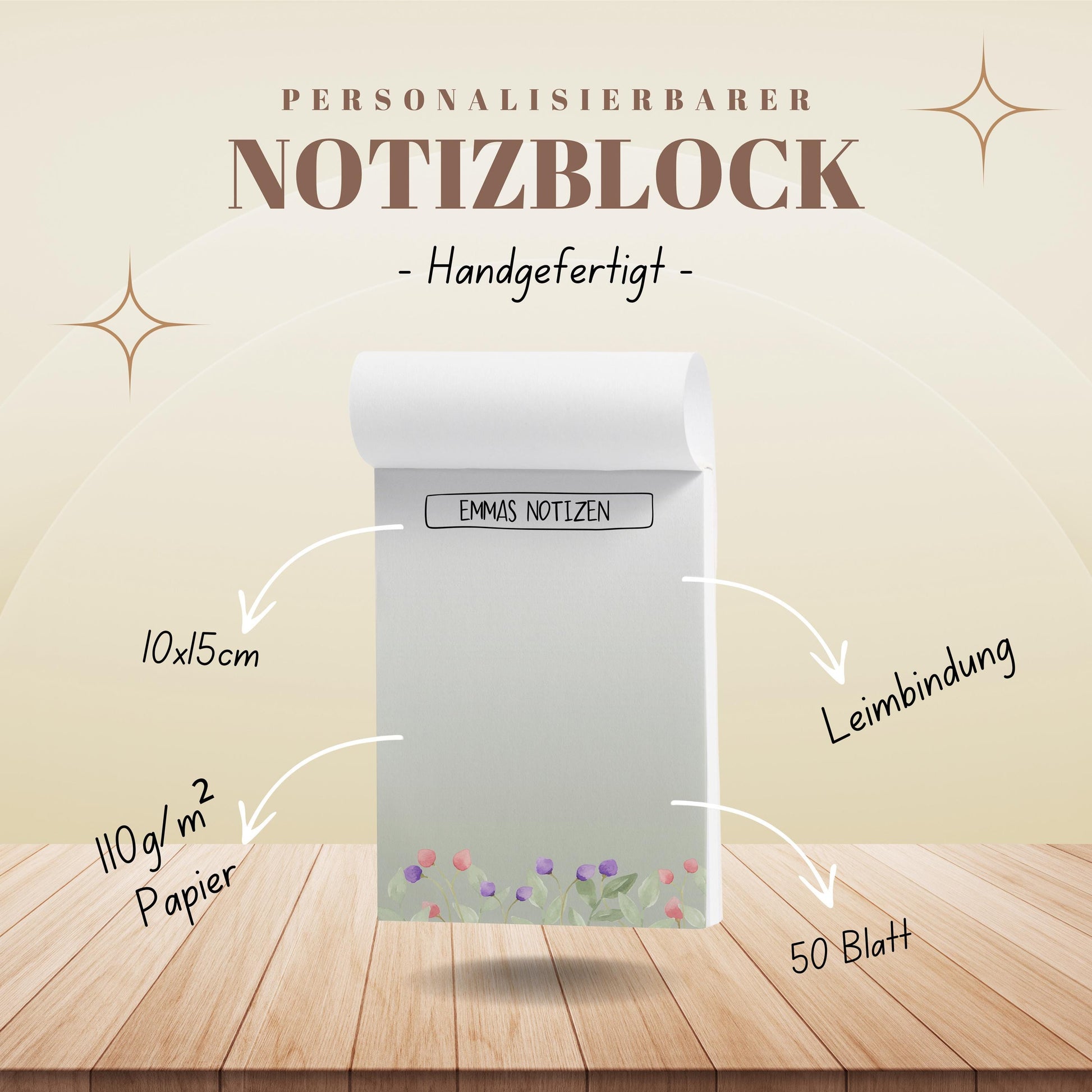 Notizblock Blumen Wiese Design, 10x15 cm, 50 Blatt mit Leimbindung, personalisierbar mit Namen, Handmade