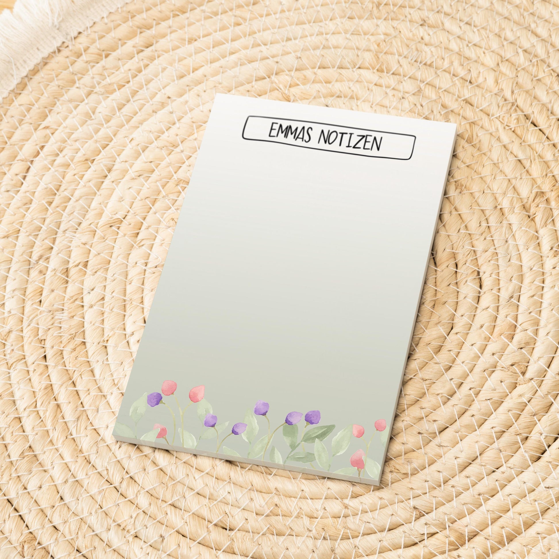 Notizblock Blumen Wiese Design, 10x15 cm, 50 Blatt mit Leimbindung, personalisierbar mit Namen, Handmade