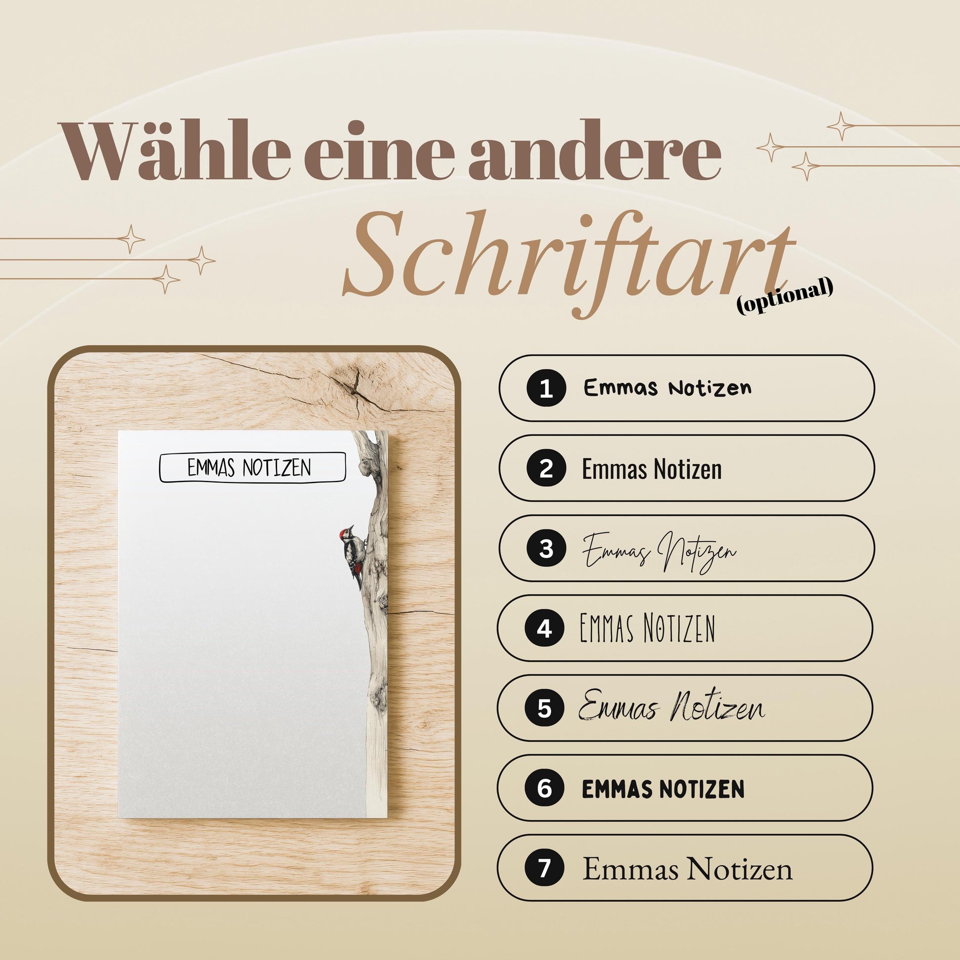 Notizblock Specht Vogel Design, 10x15 cm, 50 Blatt mit Leimbindung, personalisierbar mit Namen, Handmade, Geschenk Ornithologe