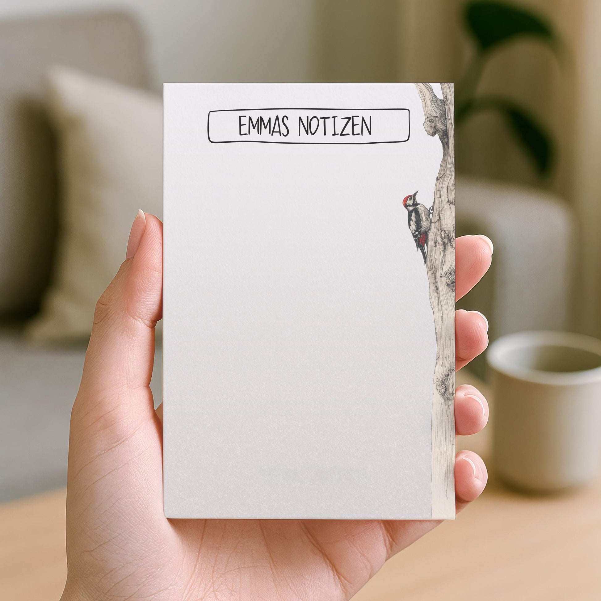 Notizblock Specht Vogel Design, 10x15 cm, 50 Blatt mit Leimbindung, personalisierbar mit Namen, Handmade, Geschenk Ornithologe