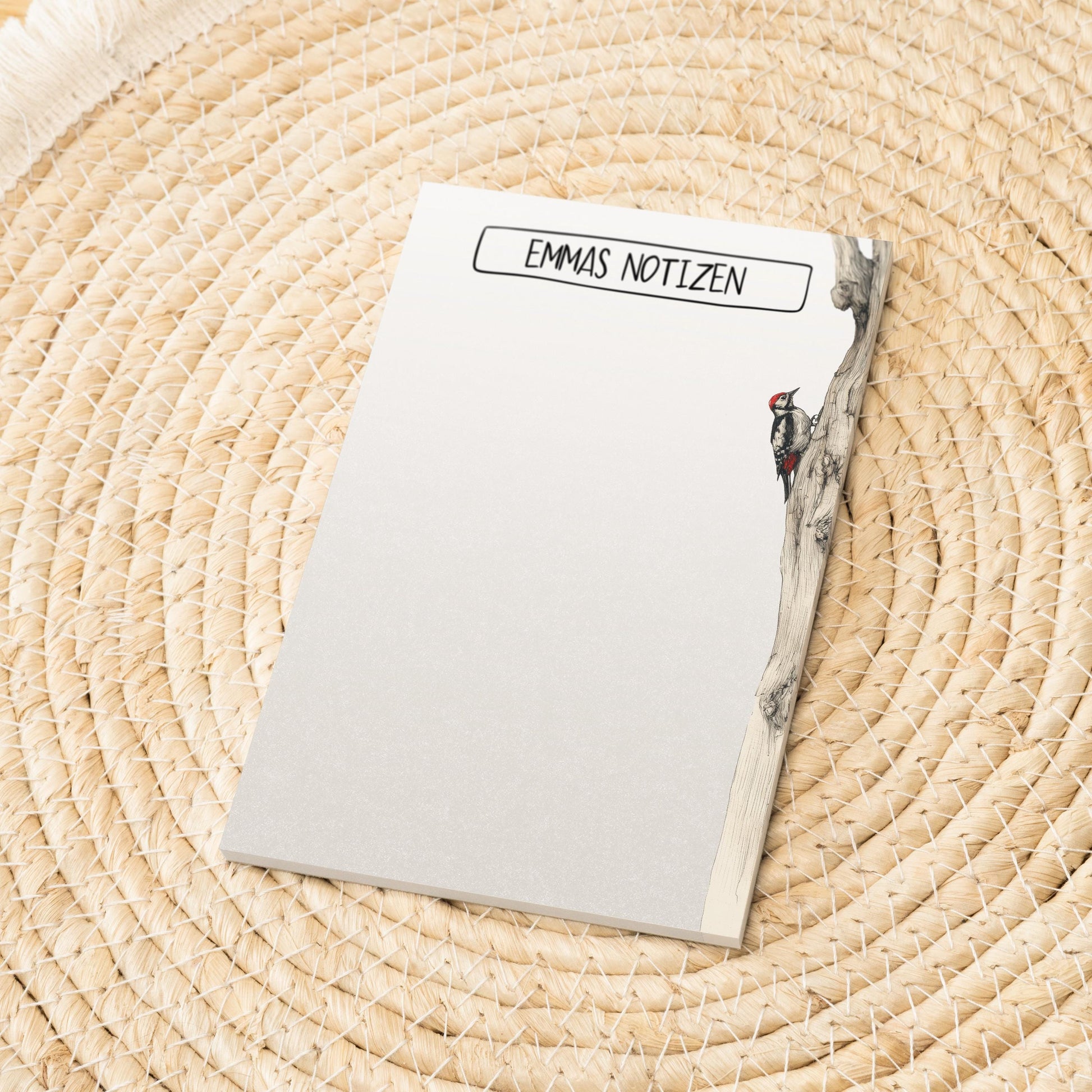 Notizblock Specht Vogel Design, 10x15 cm, 50 Blatt mit Leimbindung, personalisierbar mit Namen, Handmade, Geschenk Ornithologe