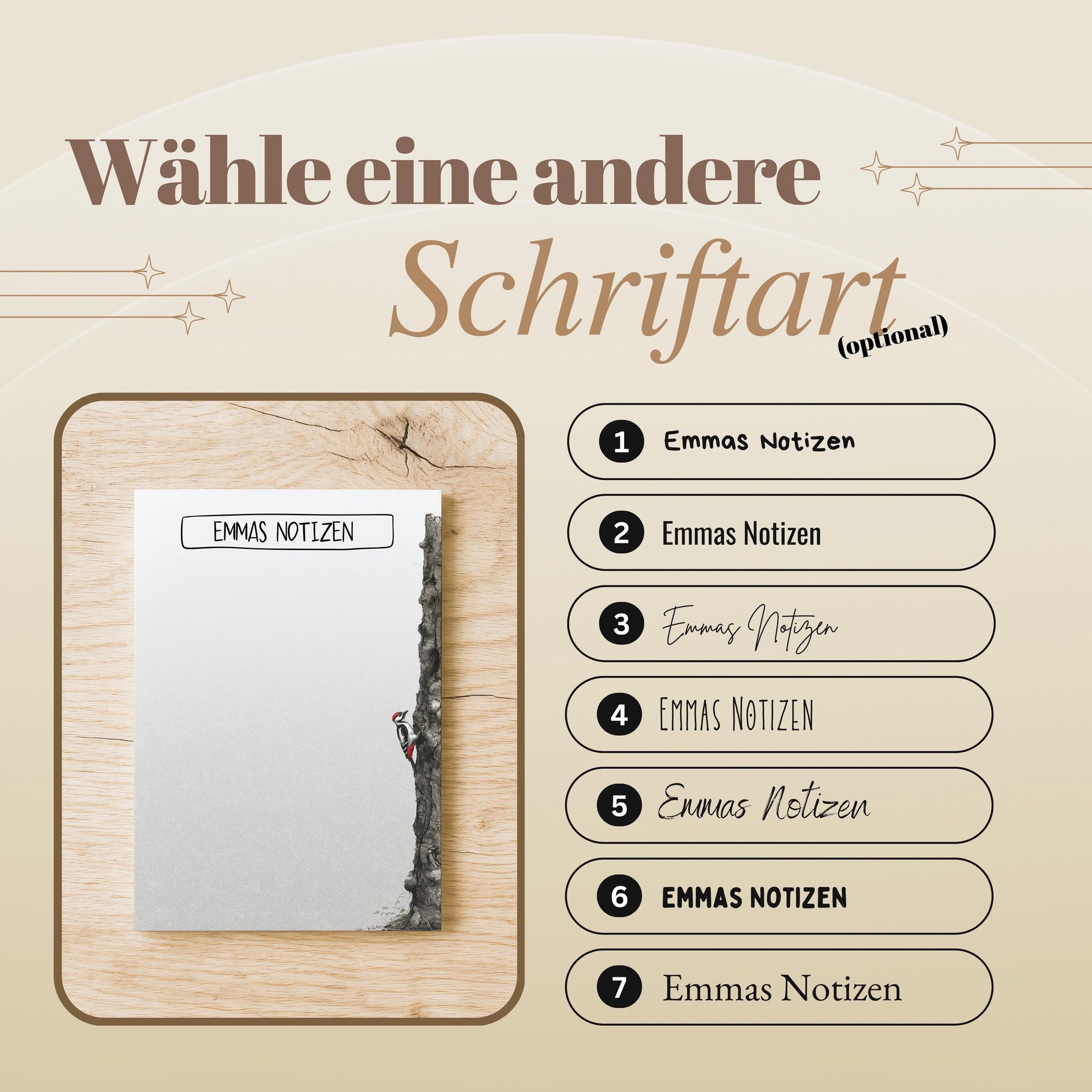 Notizblock Specht Vogel Design, 10x15 cm, 50 Blatt mit Leimbindung, personalisierbar mit Namen, Handmade, Geschenk Ornithologe