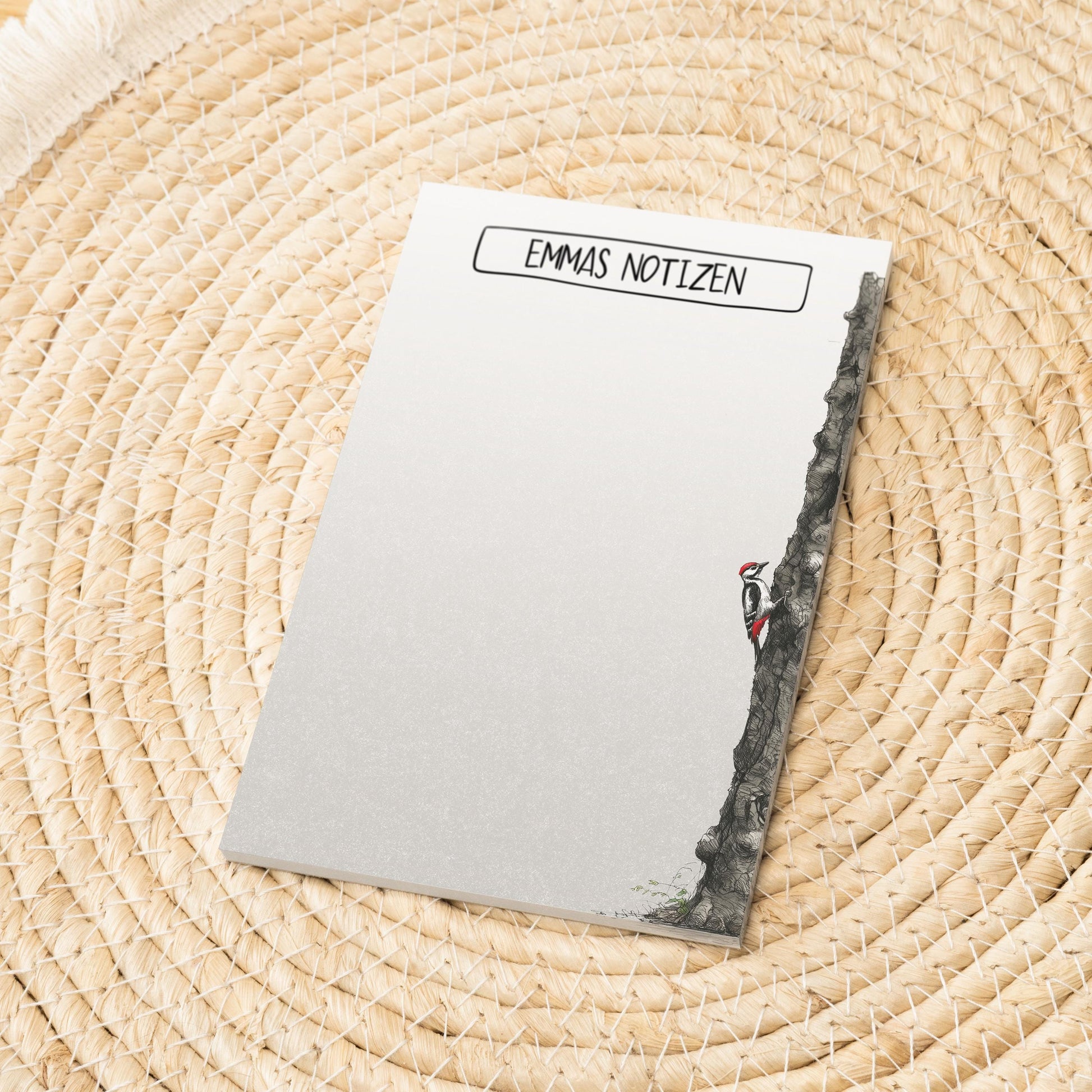 Notizblock Specht Vogel Design, 10x15 cm, 50 Blatt mit Leimbindung, personalisierbar mit Namen, Handmade, Geschenk Ornithologe