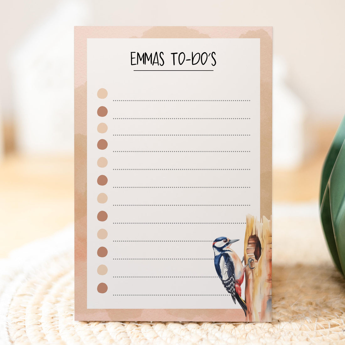 Notizblock Specht Vogel Design, 10x15 cm, 50 Blatt mit Leimbindung, personalisierbar mit Namen, Handmade, Geschenk Ornithologe