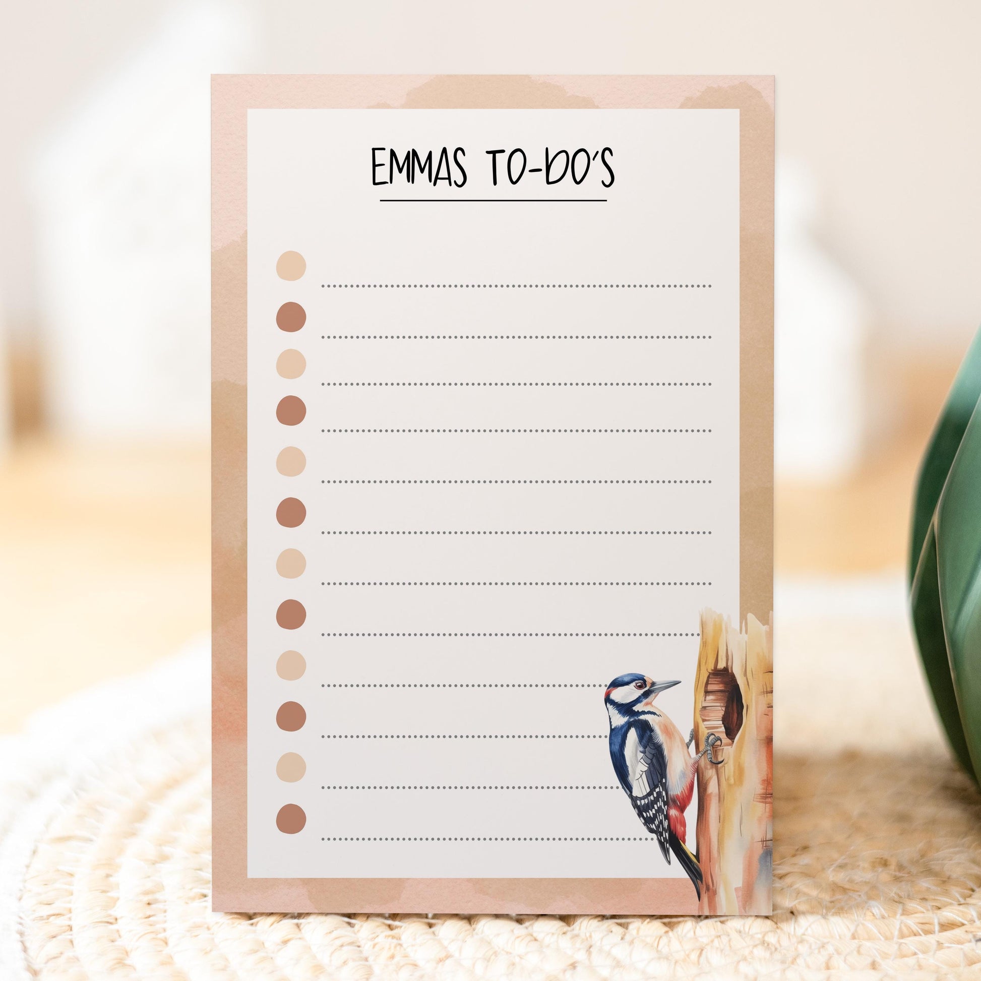 Notizblock Specht Vogel Design, 10x15 cm, 50 Blatt mit Leimbindung, personalisierbar mit Namen, Handmade, Geschenk Ornithologe