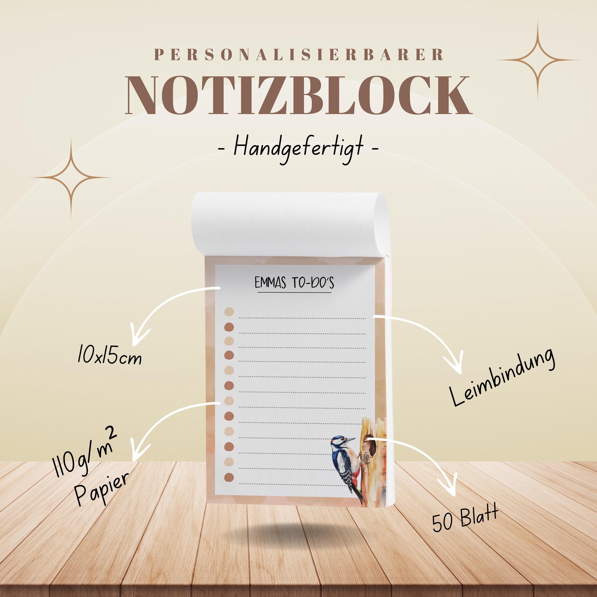 Notizblock Specht Vogel Design, 10x15 cm, 50 Blatt mit Leimbindung, personalisierbar mit Namen, Handmade, Geschenk Ornithologe