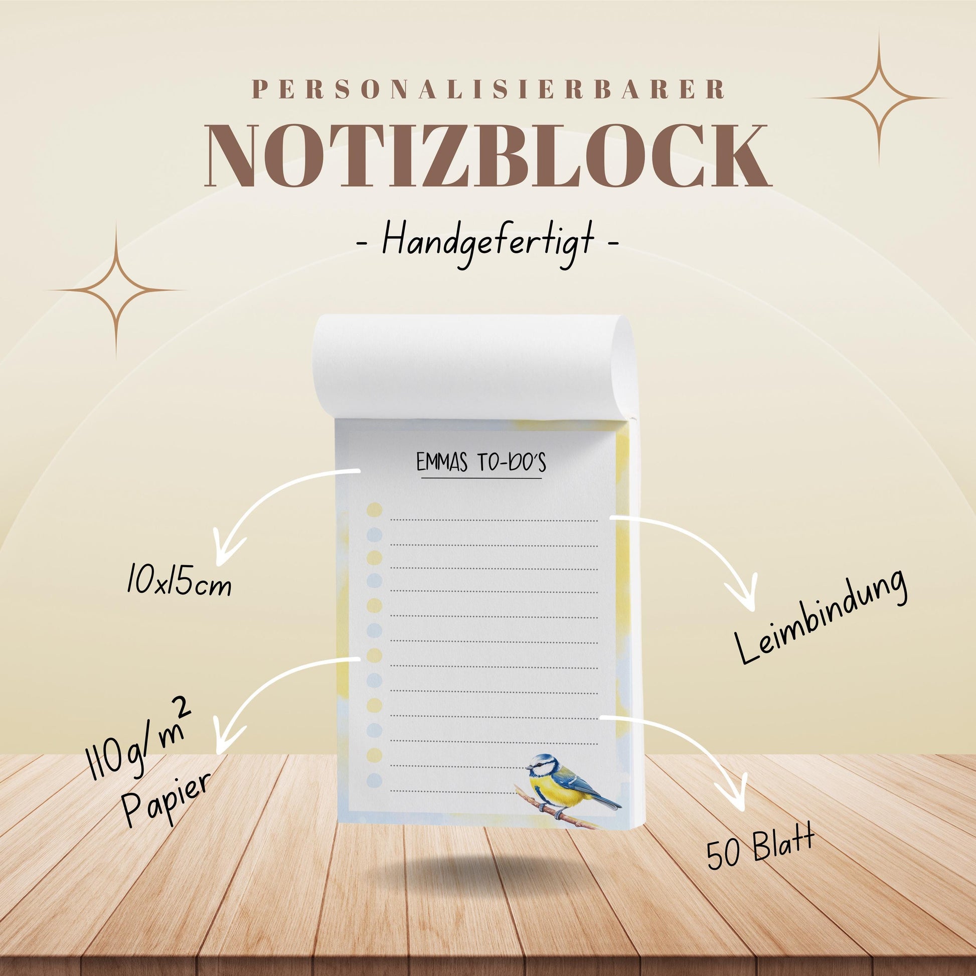Notizblock Blaumeise Vogel Design, 10x15 cm, 50 Blatt mit Leimbindung, personalisierbar mit Namen, Handmade, Geschenk Ornithologe