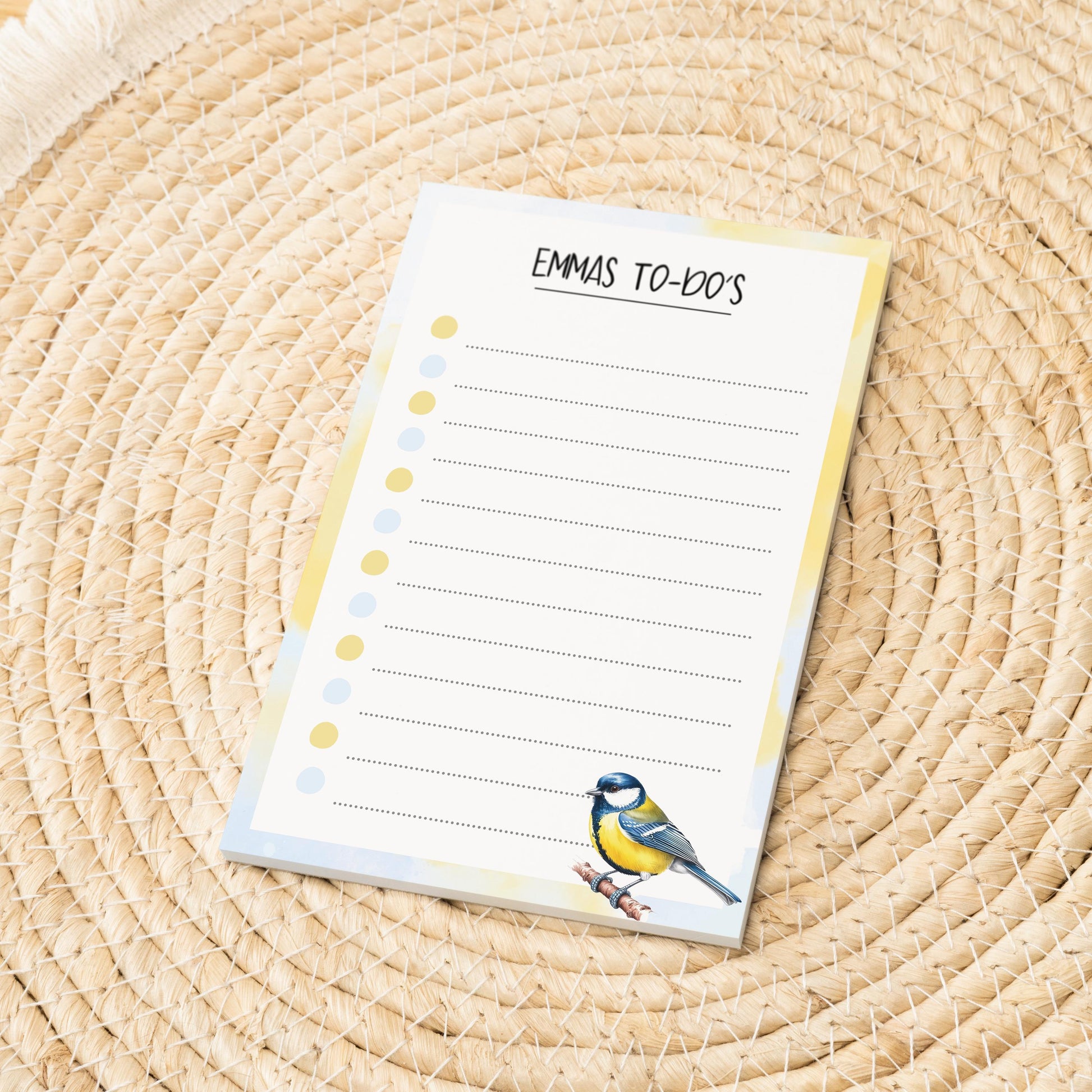 Notizblock Kohlmeise Vogel Design, 10x15 cm, 50 Blatt mit Leimbindung, personalisierbar mit Namen, Handmade, Geschenk Ornithologe