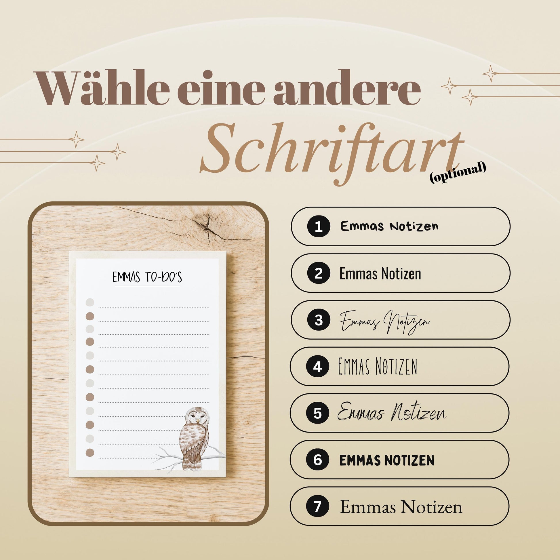 Notizblock Eule Vogel Design, 10x15 cm, 50 Blatt mit Leimbindung, personalisierbar mit Namen, Handmade, Geschenk Ornithologe