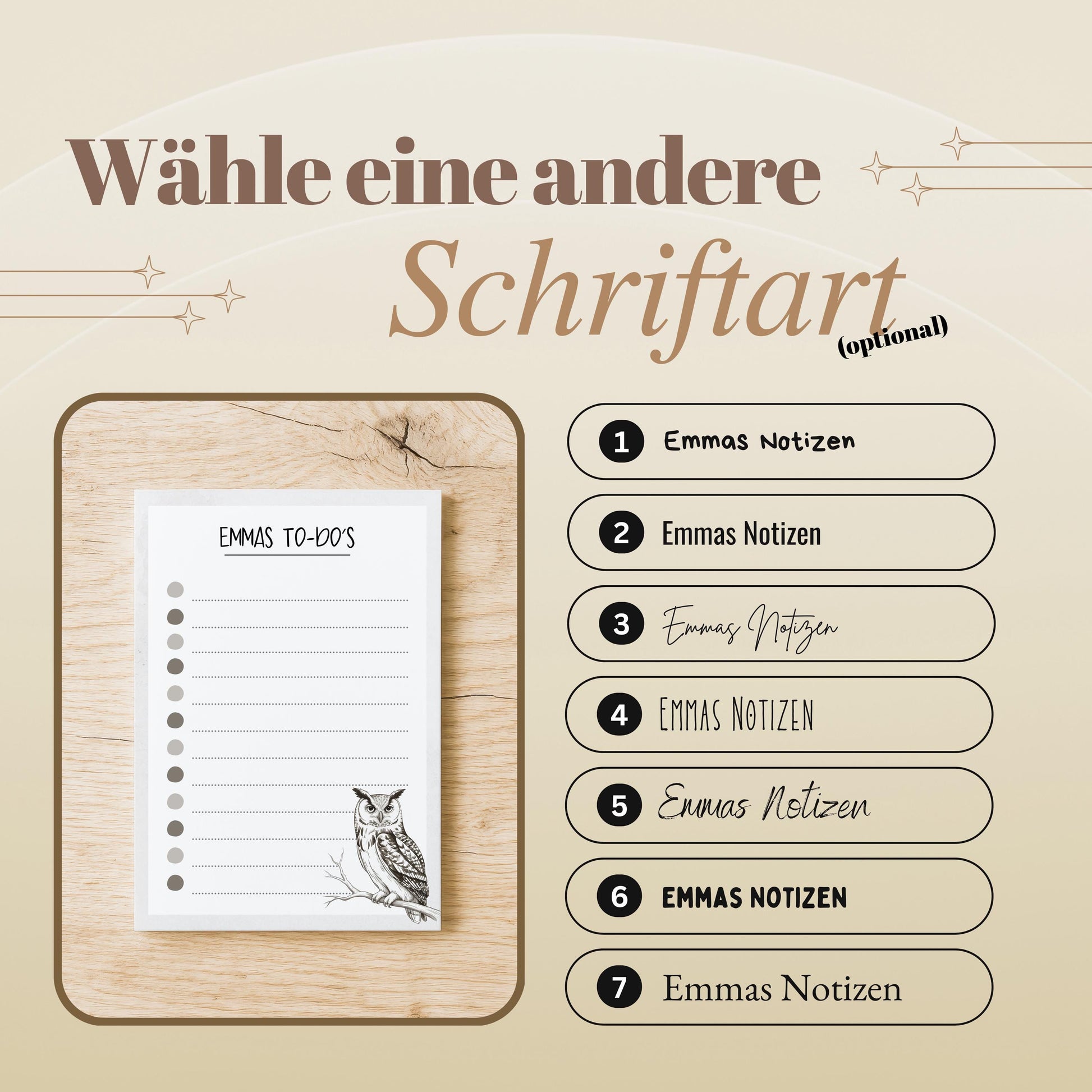 Notizblock Waldohreule Eule Design, 10x15 cm, 50 Blatt mit Leimbindung, personalisierbar mit Namen, Handmade, Geschenk Ornithologe