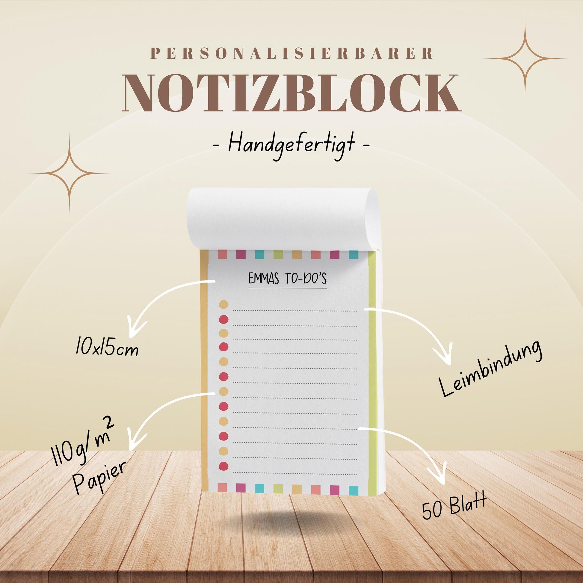 Notizblock Streifen Design, 10x15 cm, 50 Blatt mit Leimbindung, personalisierbar mit Namen, Handmade