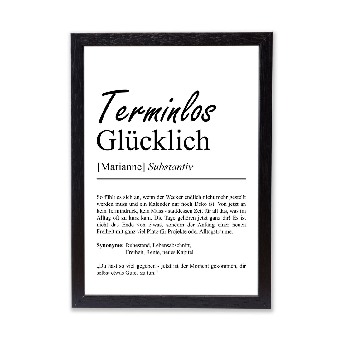 Terminlos Glücklich Definition Poster, personalisierbar mit Namen, Massivholzrahmen, Last Minute Geschenk Ruhestand, Geschenkidee Kollegen