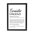 Terminlos Glücklich Definition Poster, personalisierbar mit Namen, Massivholzrahmen, Last Minute Geschenk Ruhestand, Geschenkidee Kollegen