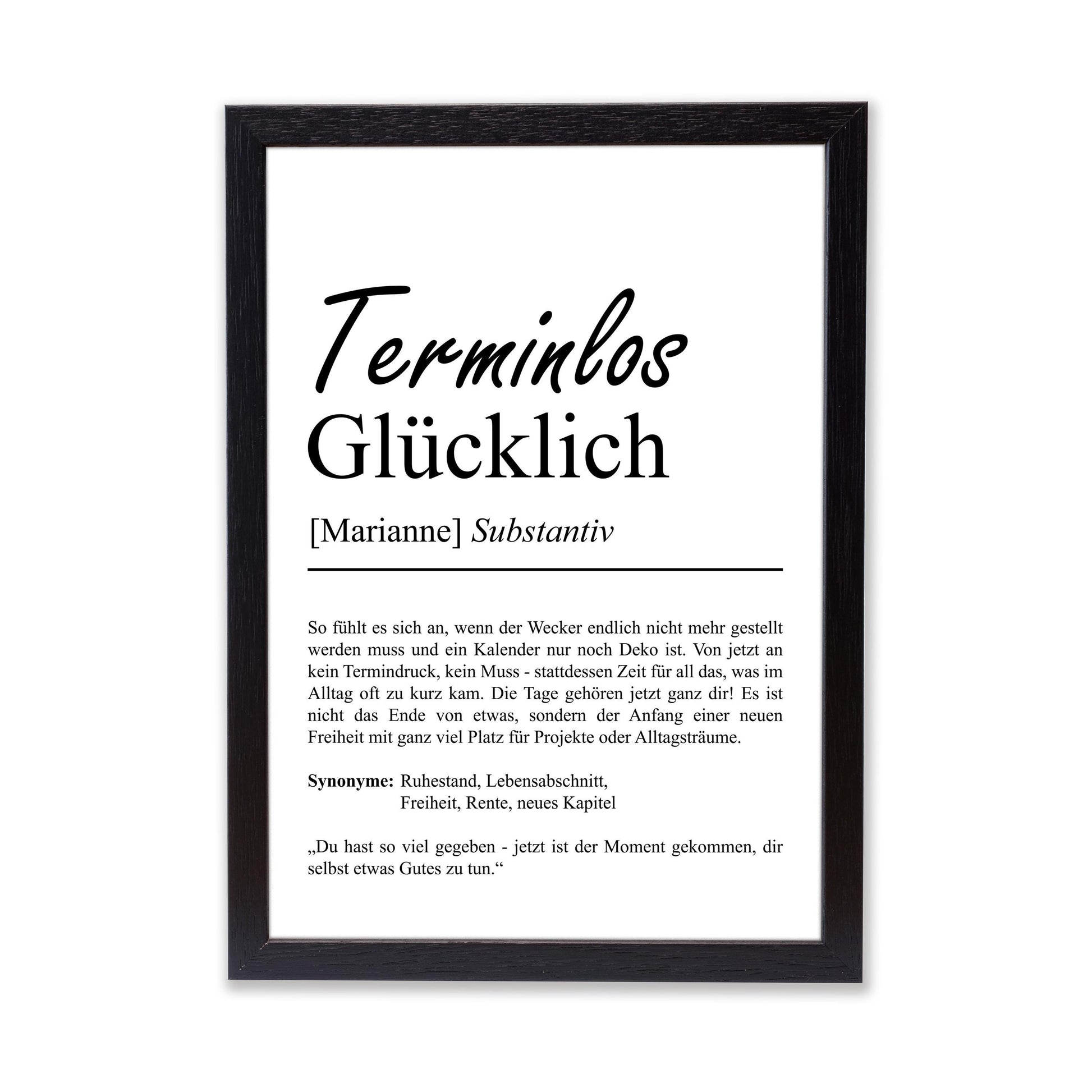 Terminlos Glücklich Definition Poster, personalisierbar mit Namen, Massivholzrahmen, Last Minute Geschenk Ruhestand, Geschenkidee Kollegen