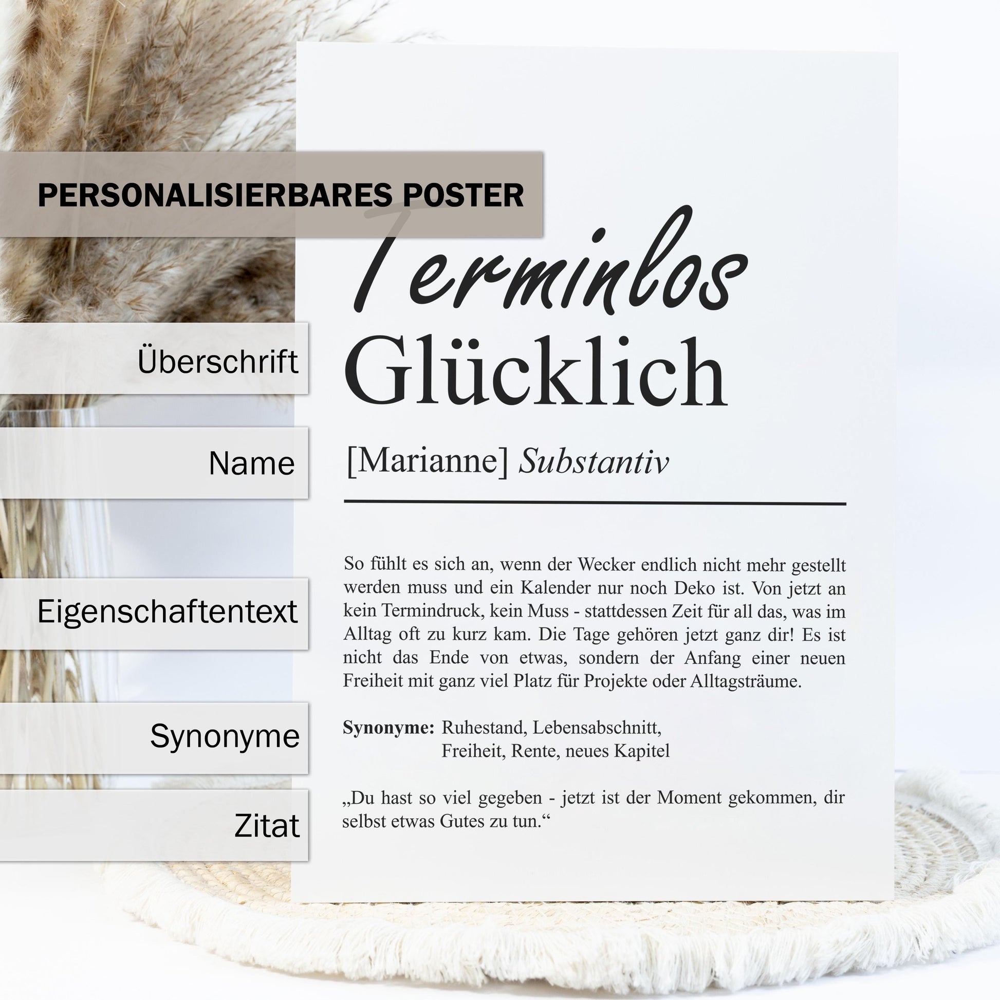 Terminlos Glücklich Definition Poster, personalisierbar mit Namen, Massivholzrahmen, Last Minute Geschenk Ruhestand, Geschenkidee Kollegen