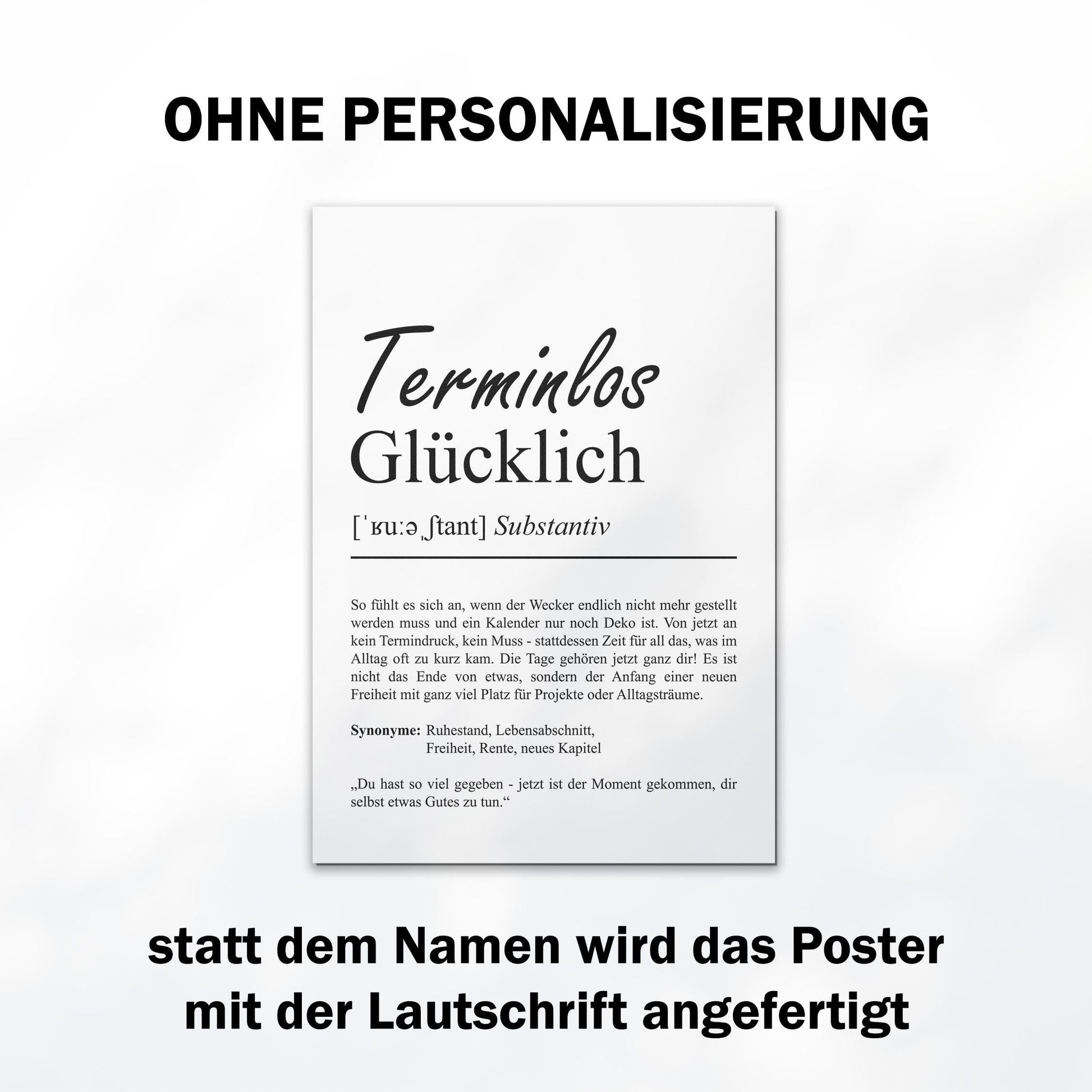 Terminlos Glücklich Definition Poster, personalisierbar mit Namen, Massivholzrahmen, Last Minute Geschenk Ruhestand, Geschenkidee Kollegen