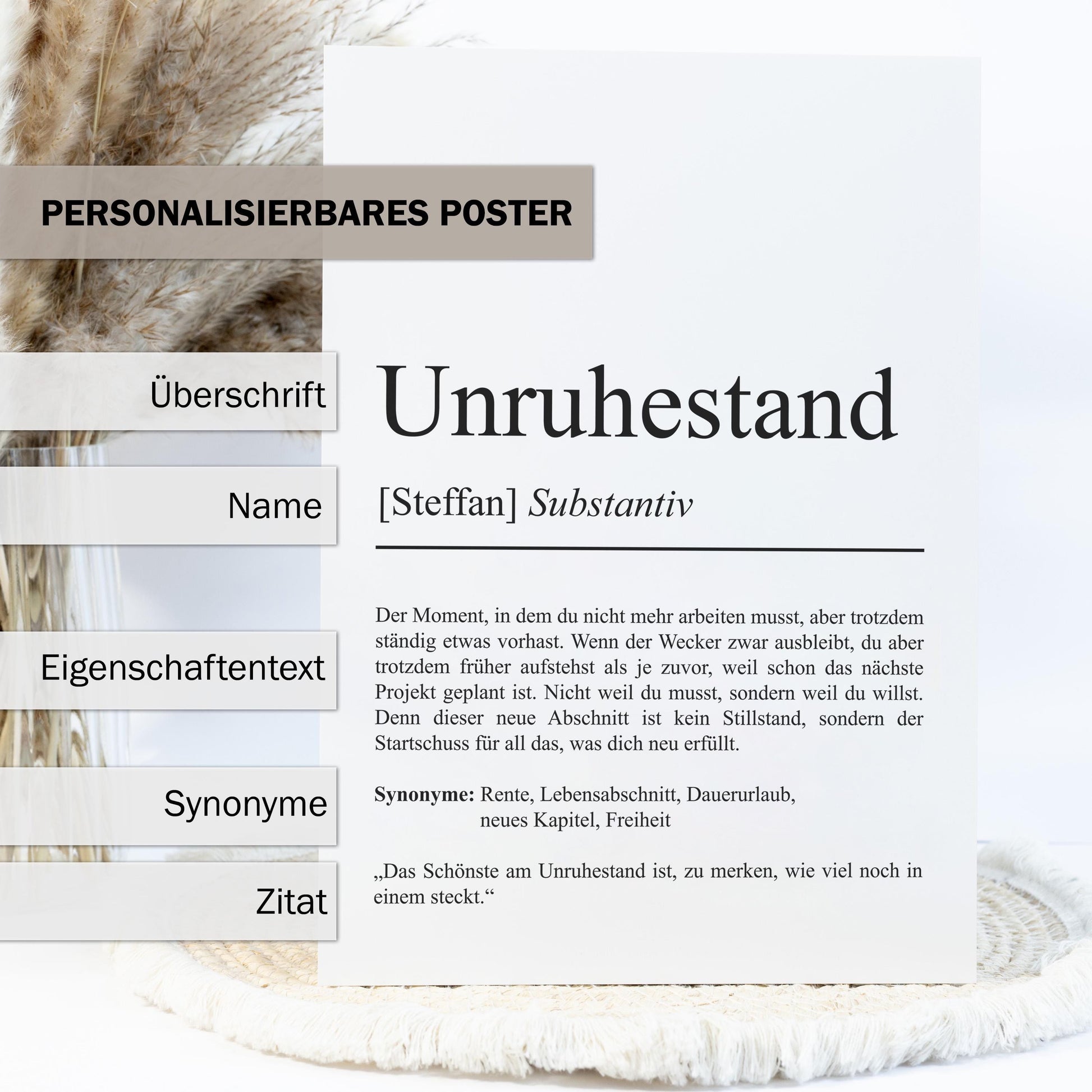 Unruhestand Definition Poster, personalisierbar mit Namen, Massivholzrahmen, Last Minute Geschenk Ruhestand, Geschenkidee Kollegen
