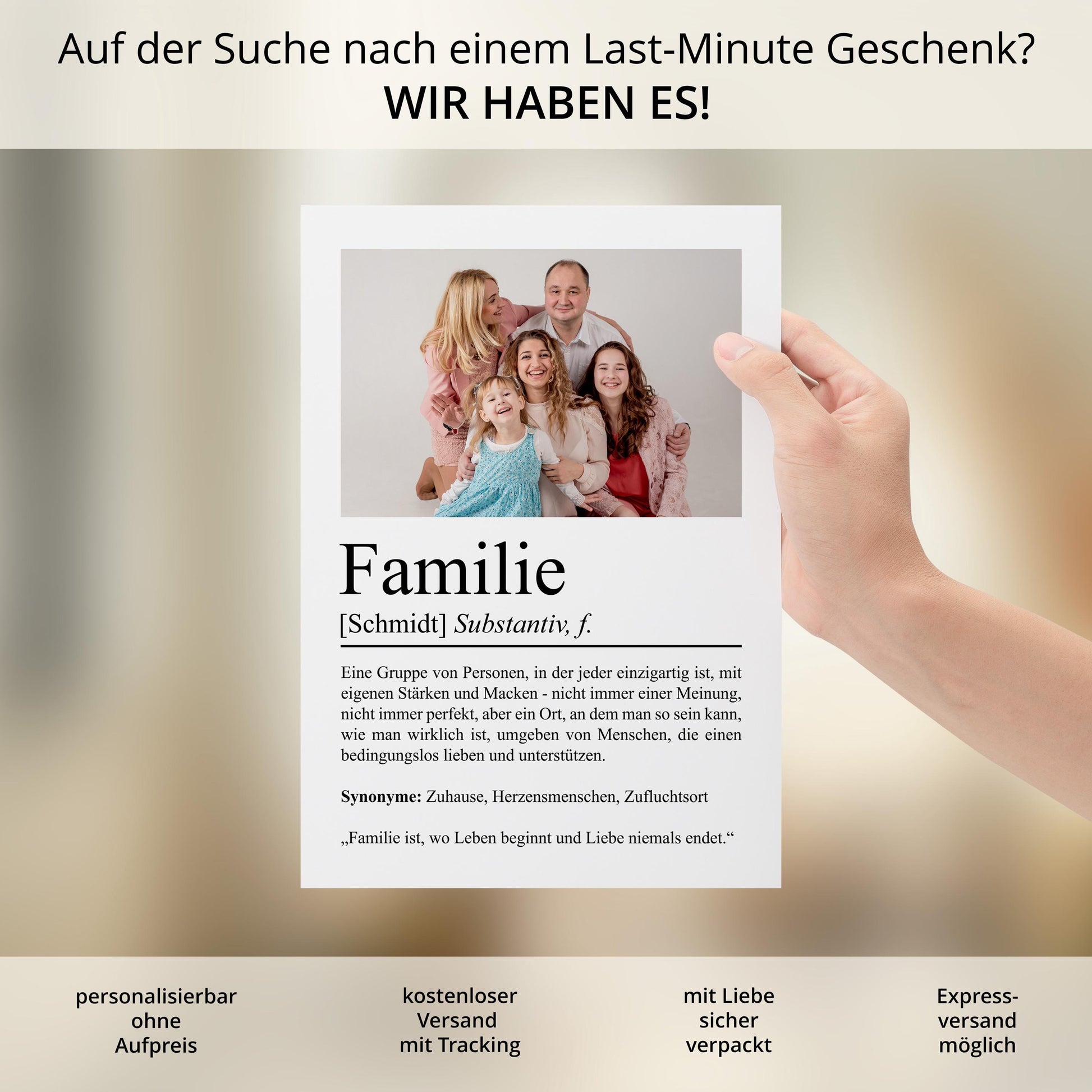 Familie Definition Poster, personalisierbar mit Bild + Namen, Massivholzrahmen, Last Minute Geschenk, Wanddeko Wohnzimmer