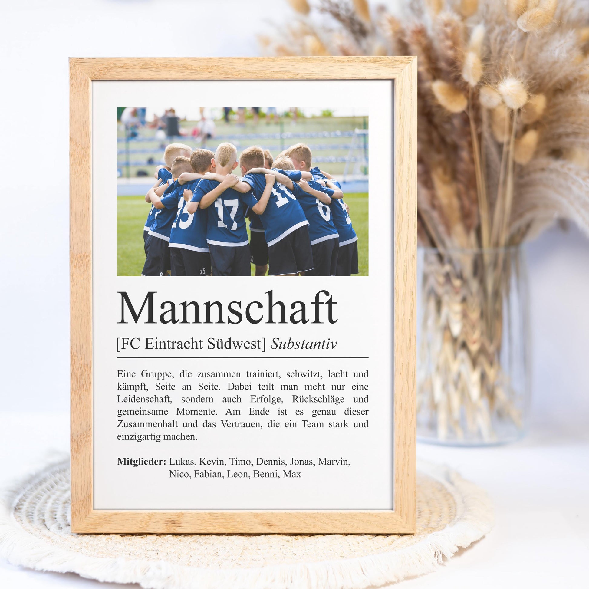 Team Definition Poster, personalisierbar mit Bild + Namen, Poster Vereinssport, Massivholzrahmen, Last Minute Geschenk Vereinsmitglied