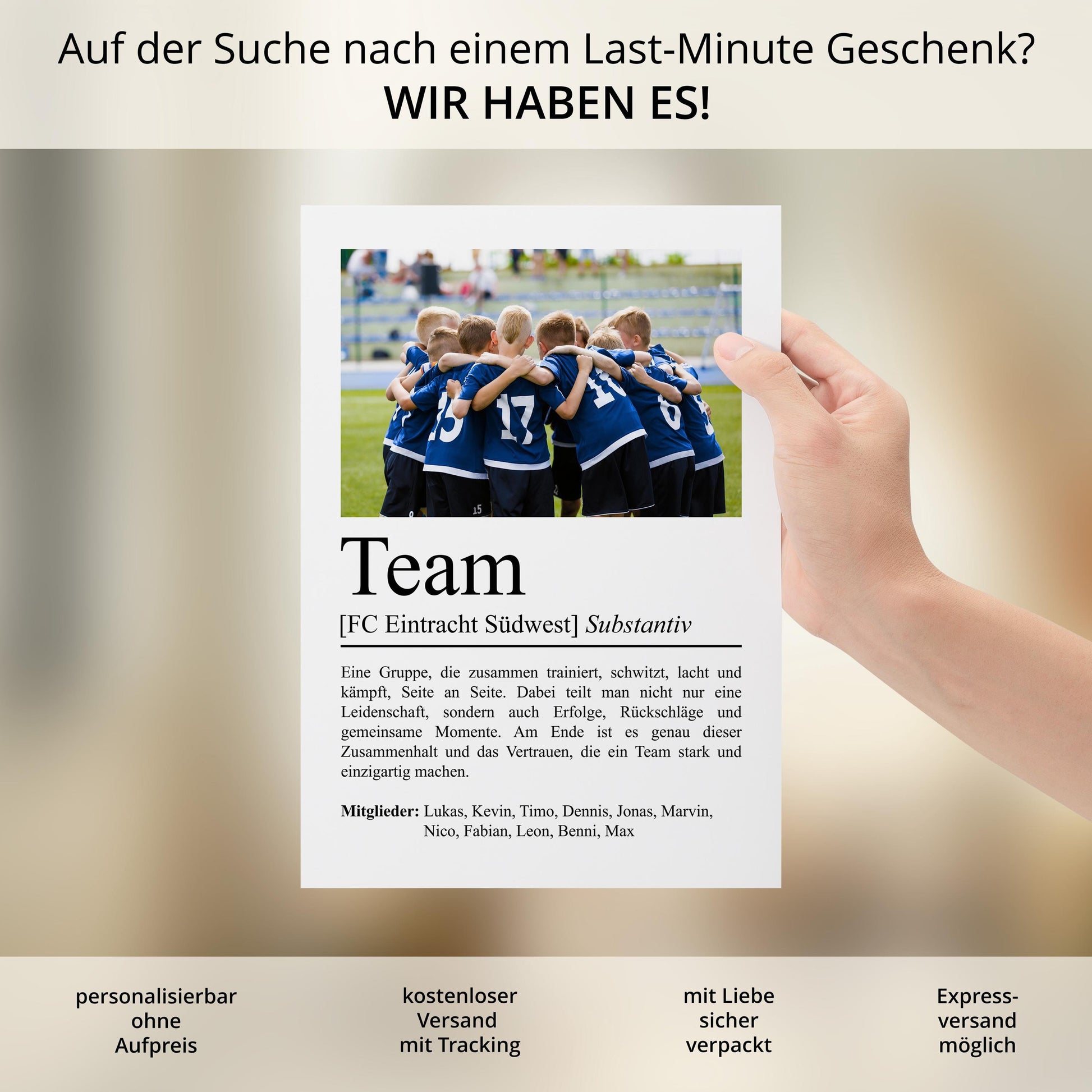 Team Definition Poster, personalisierbar mit Bild + Namen, Poster Vereinssport, Massivholzrahmen, Last Minute Geschenk Vereinsmitglied