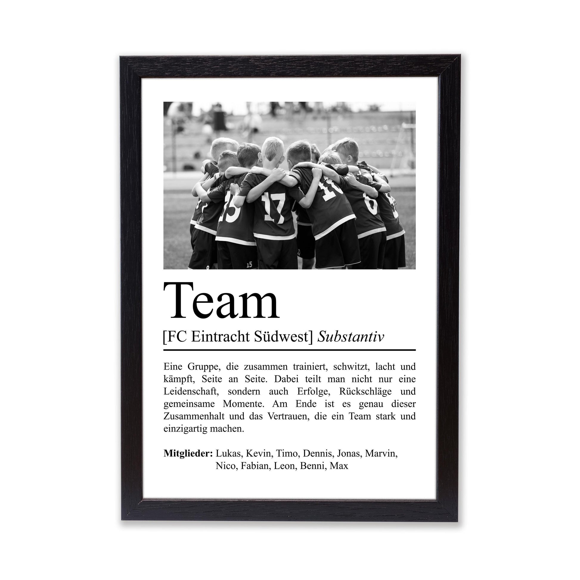Team Definition Poster, personalisierbar mit Bild + Namen, Poster Vereinssport, Massivholzrahmen, Last Minute Geschenk Vereinsmitglied