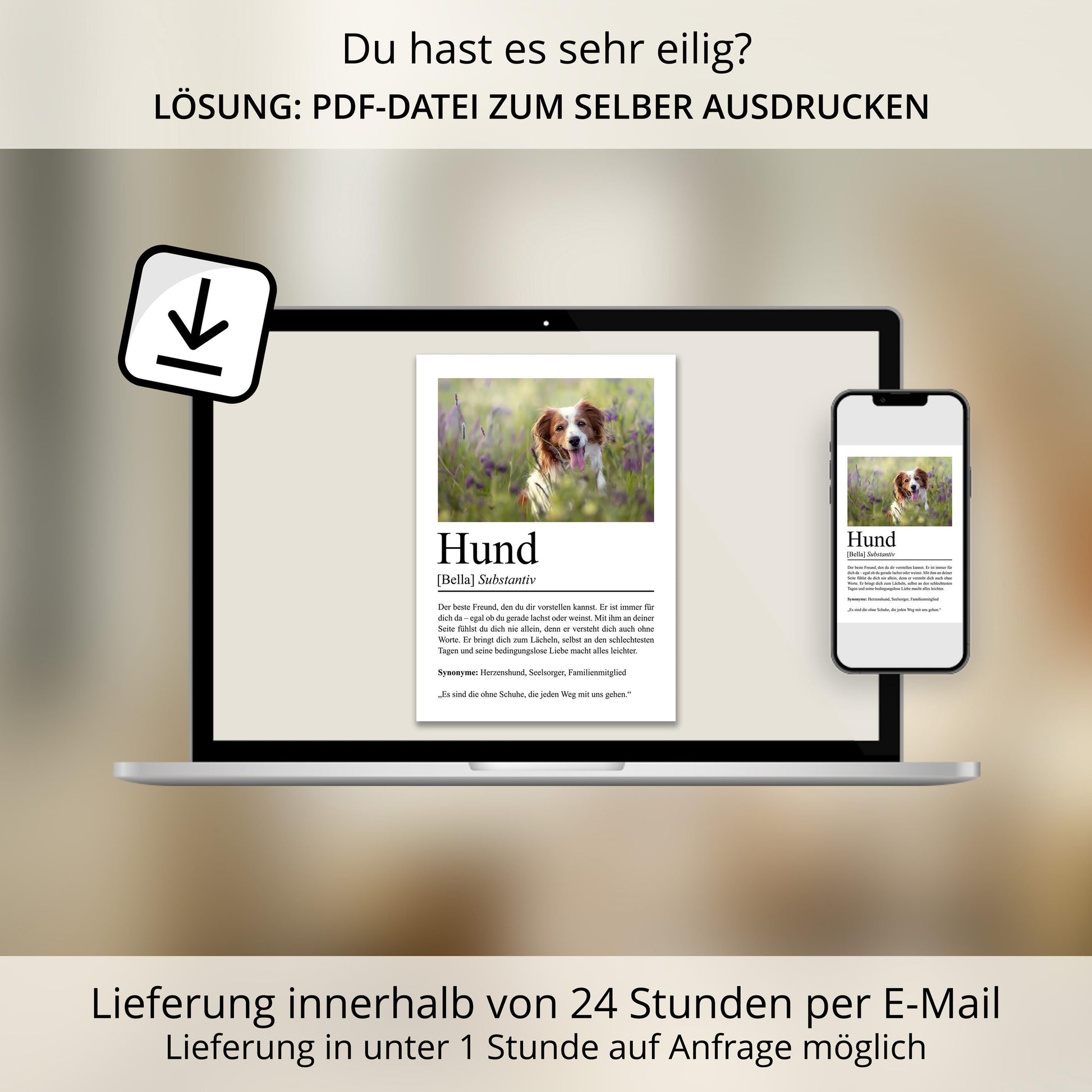 Hund Definition Poster, personalisierbar mit Bild + Name, Massivholzrahmen, Last Minute Geschenk Hundehalter