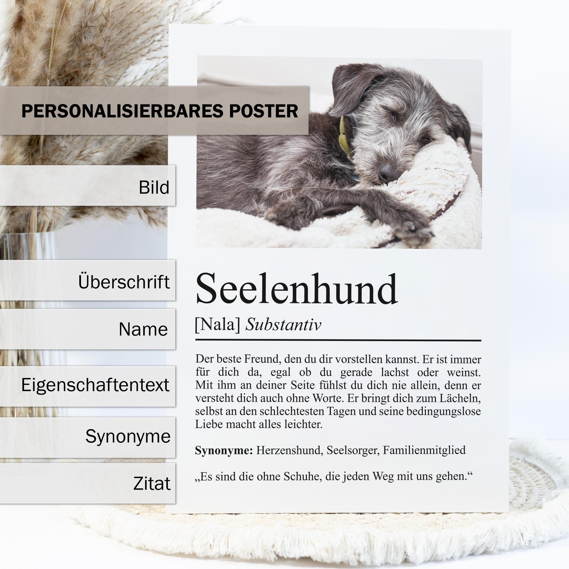 Seelenhund Definition Poster, personalisierbar mit Bild + Name, Massivholzrahmen, Last Minute Geschenk Hundehalter