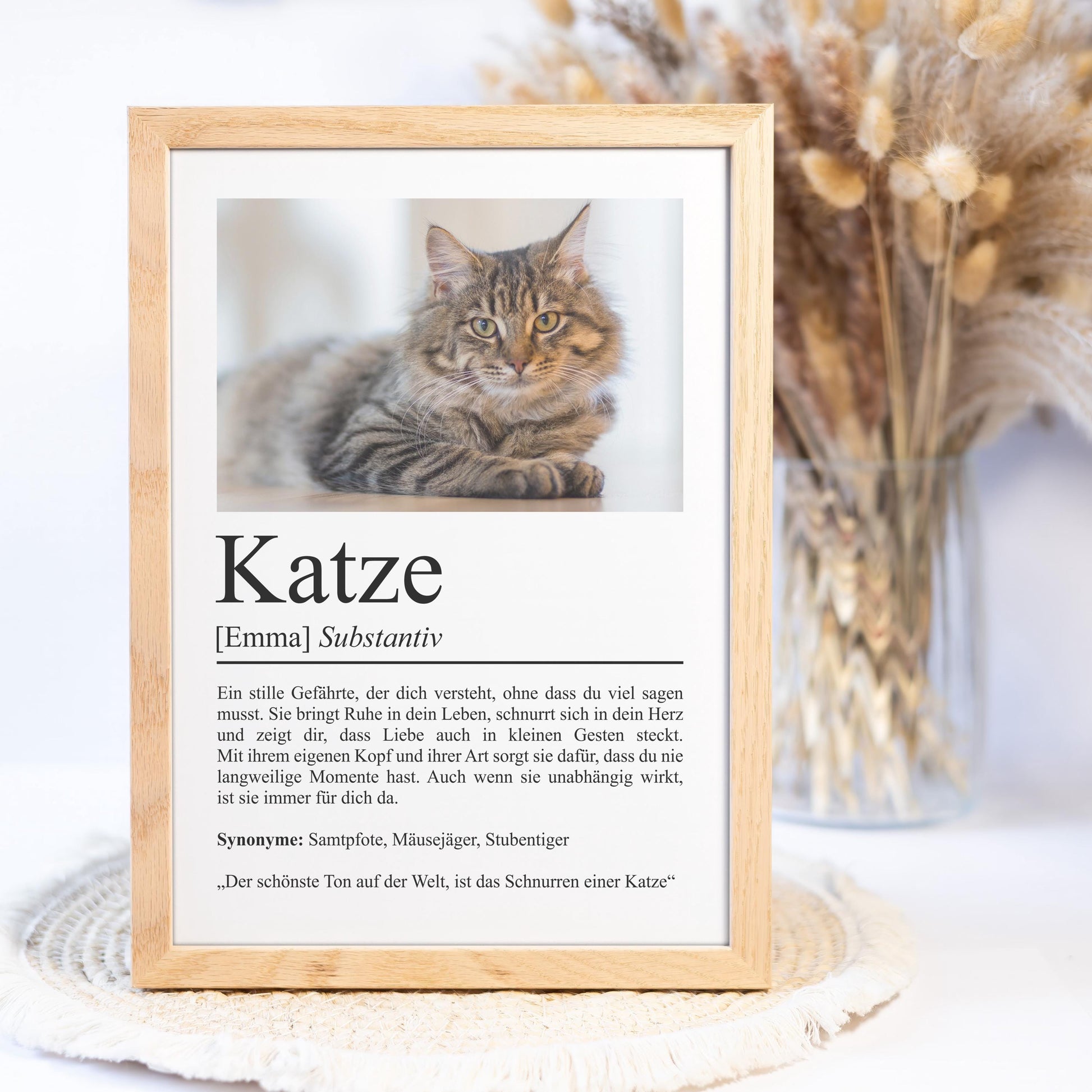Katze Definition Poster, personalisierbar mit Bild + Name, Massivholzrahmen, Last Minute Geschenk Katzenbesitzer
