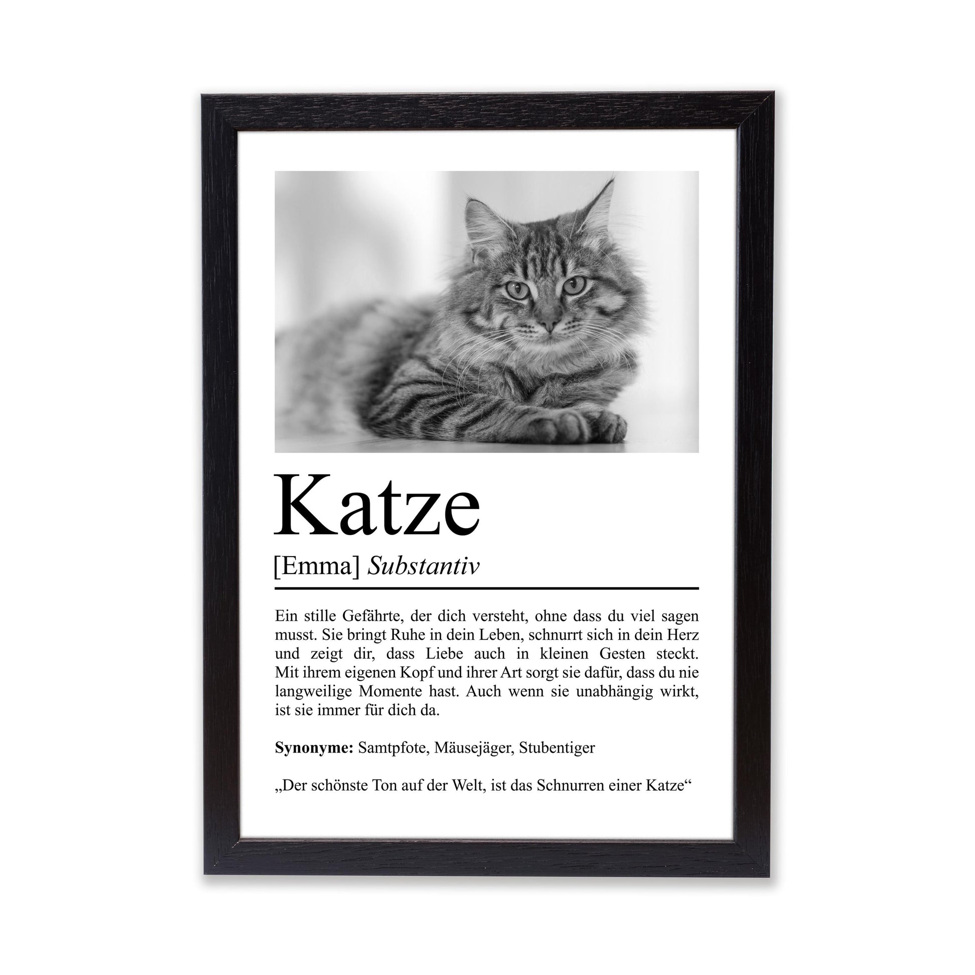 Katze Definition Poster, personalisierbar mit Bild + Name, Massivholzrahmen, Last Minute Geschenk Katzenbesitzer
