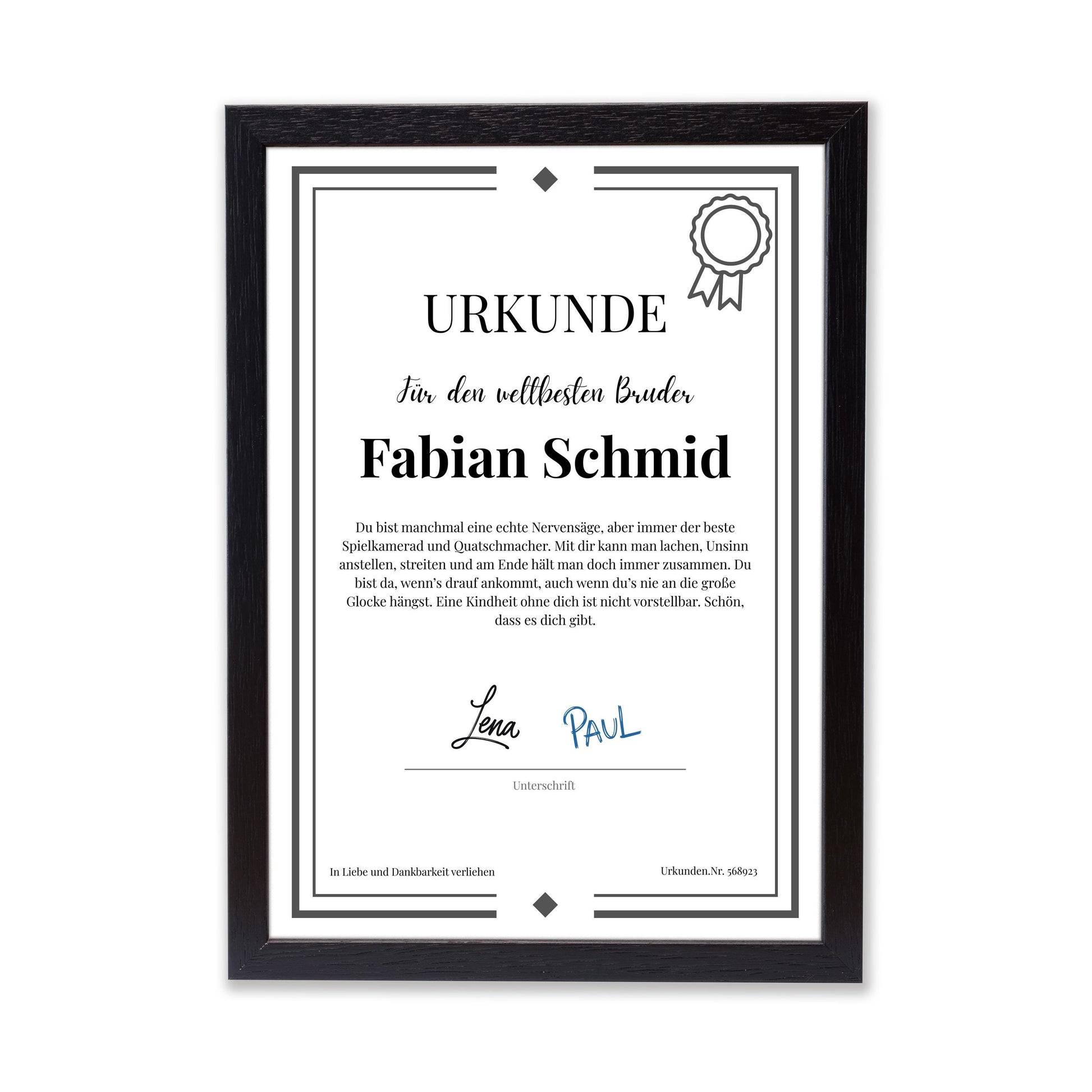 Bruder Urkunde Poster, personalisierbar mit Namen + Text, Massivholzrahmen, verschiedene Größen, Einrahmservice, Geschenk Bruder