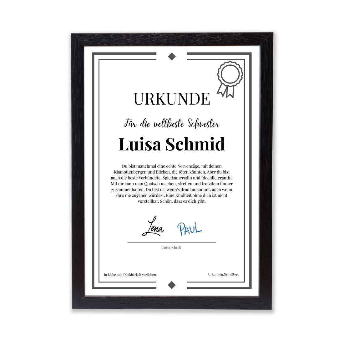 Schwester Urkunde Poster, personalisierbar mit Namen + Text, Massivholzrahmen, verschiedene Größen, Einrahmservice, Geschenk Schwester