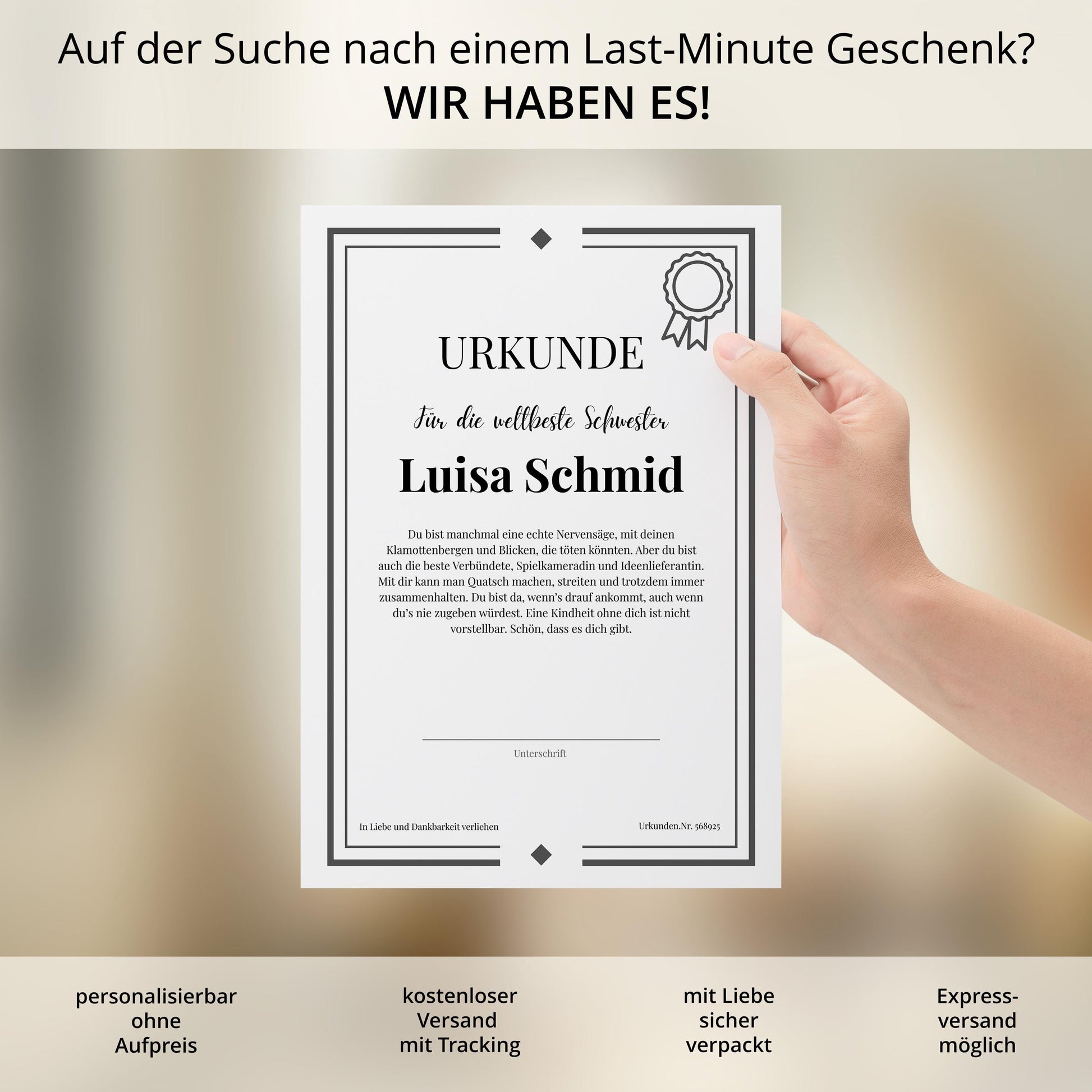 Schwester Urkunde Poster, personalisierbar mit Namen + Text, Massivholzrahmen, verschiedene Größen, Einrahmservice, Geschenk Schwester