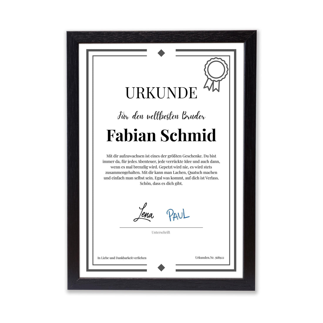 Bruder Urkunde Poster, personalisierbar mit Namen + Text, Massivholzrahmen, verschiedene Größen, Einrahmservice, Geschenk Bruder