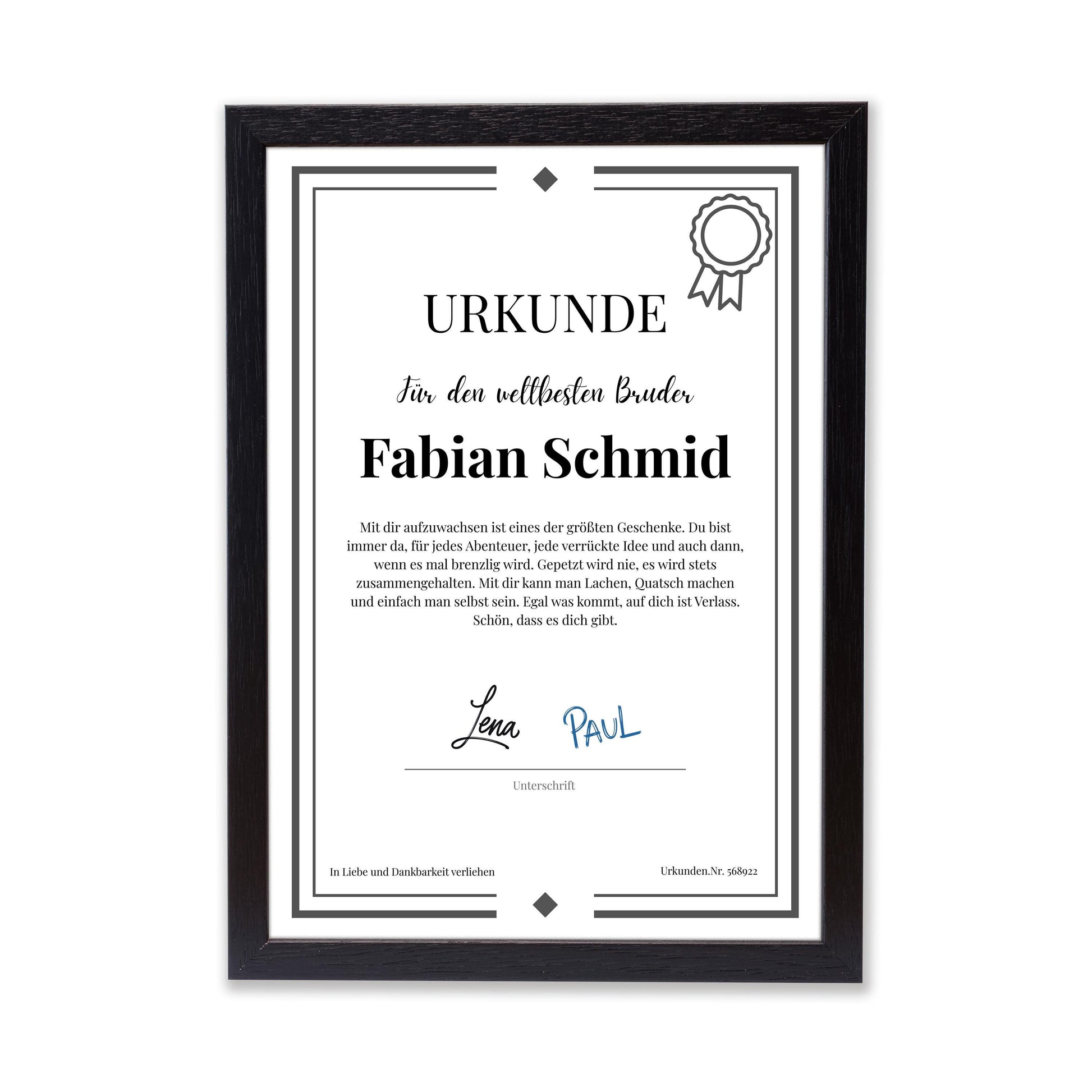 Bruder Urkunde Poster, personalisierbar mit Namen + Text, Massivholzrahmen, verschiedene Größen, Einrahmservice, Geschenk Bruder